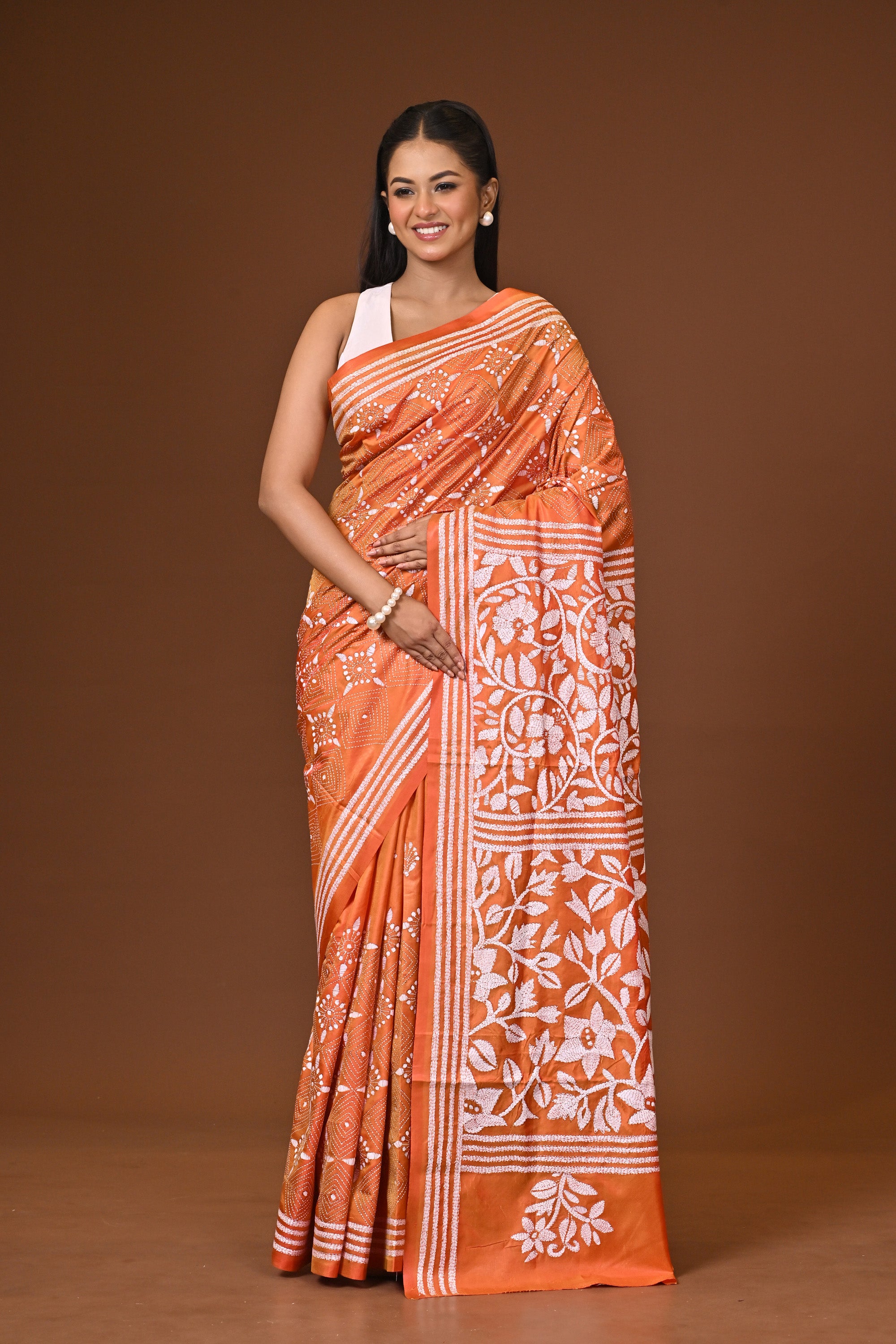 Blended Silk Kantha Stitch Saree Velvet Orange Thumbnail