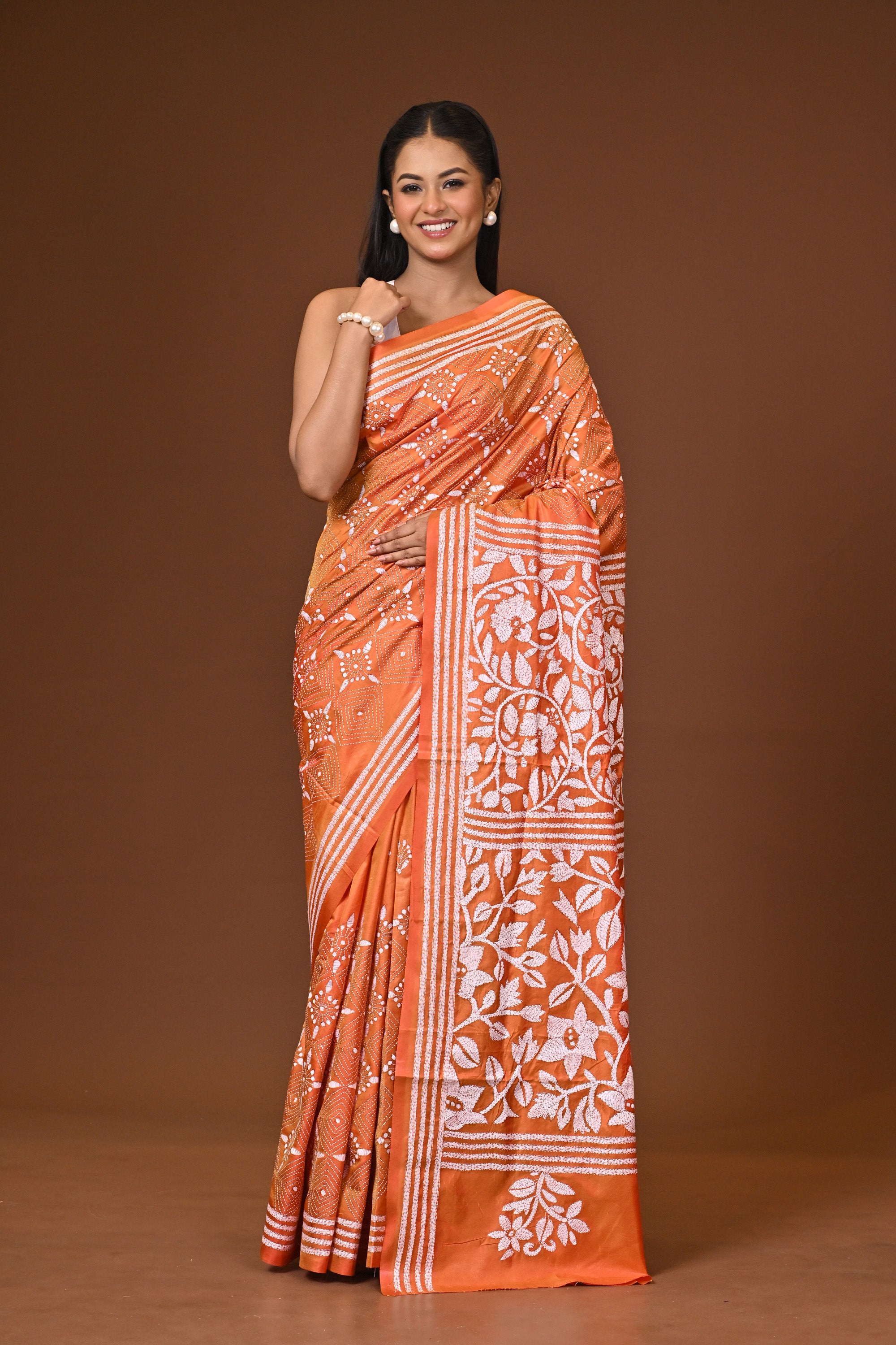 Blended Silk Kantha Stitch Saree Velvet Orange Thumbnail