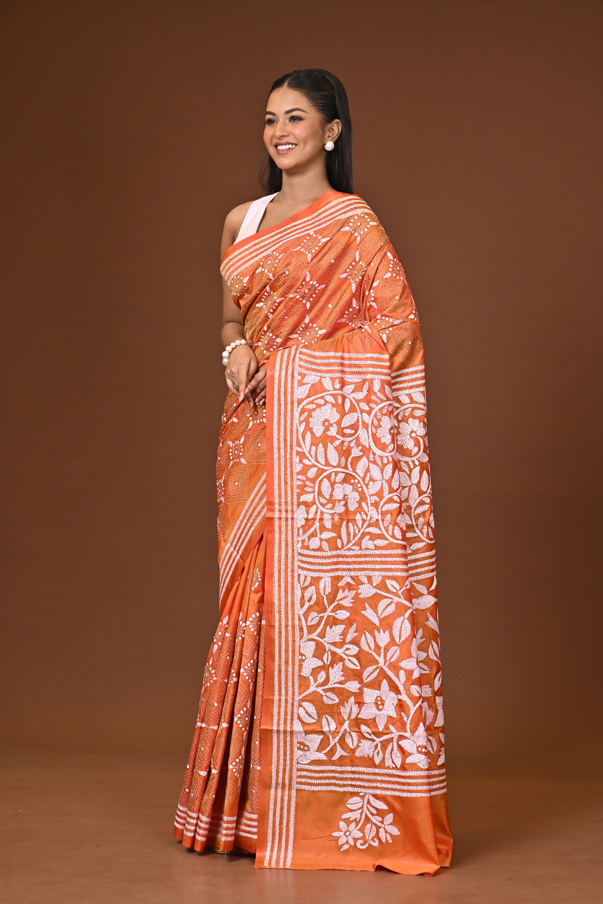 Blended Silk Kantha Stitch Saree Velvet Orange Thumbnail
