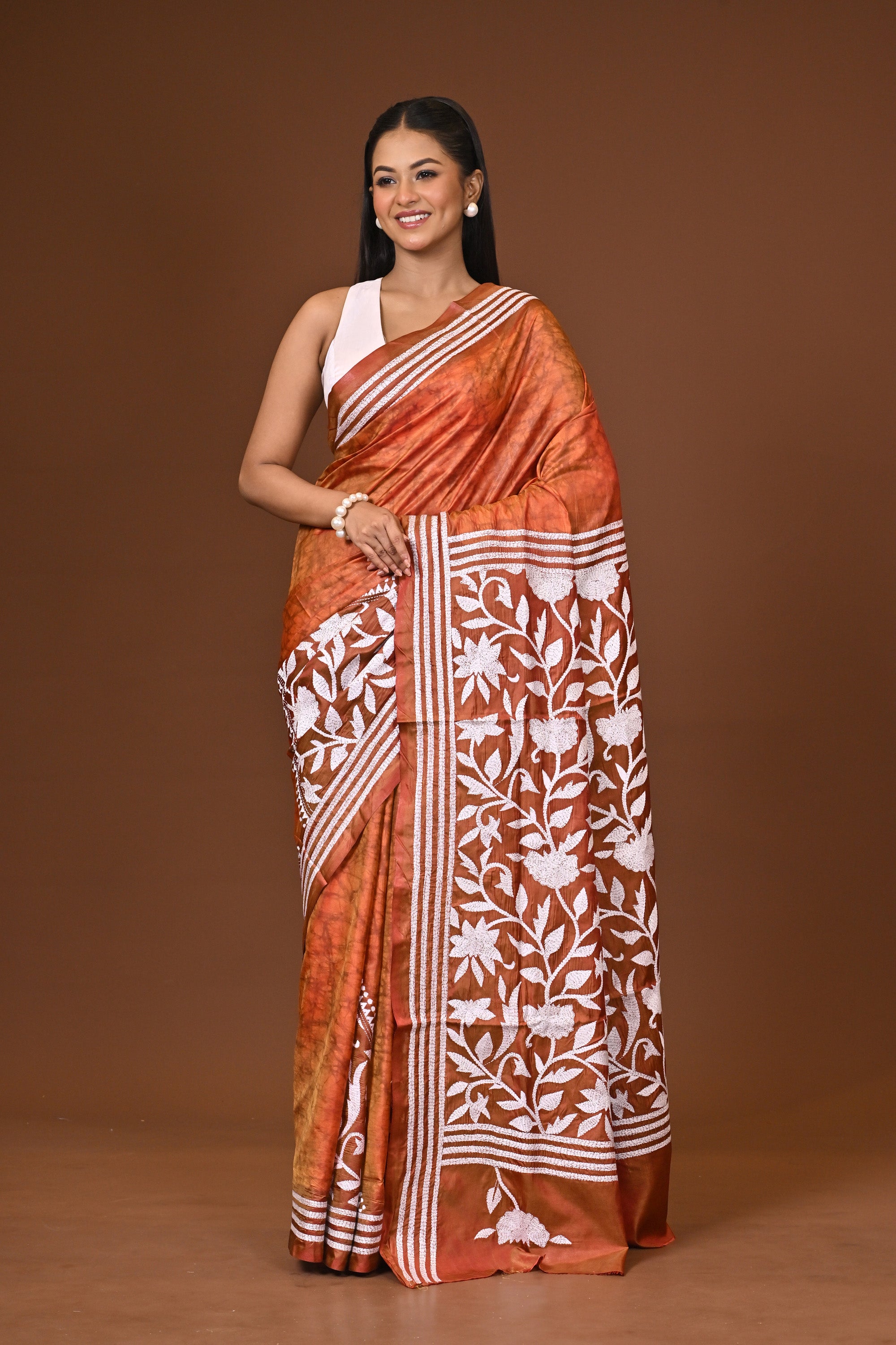 Blended Silk Kantha Stitch Saree Velvet Peach Thumbnail