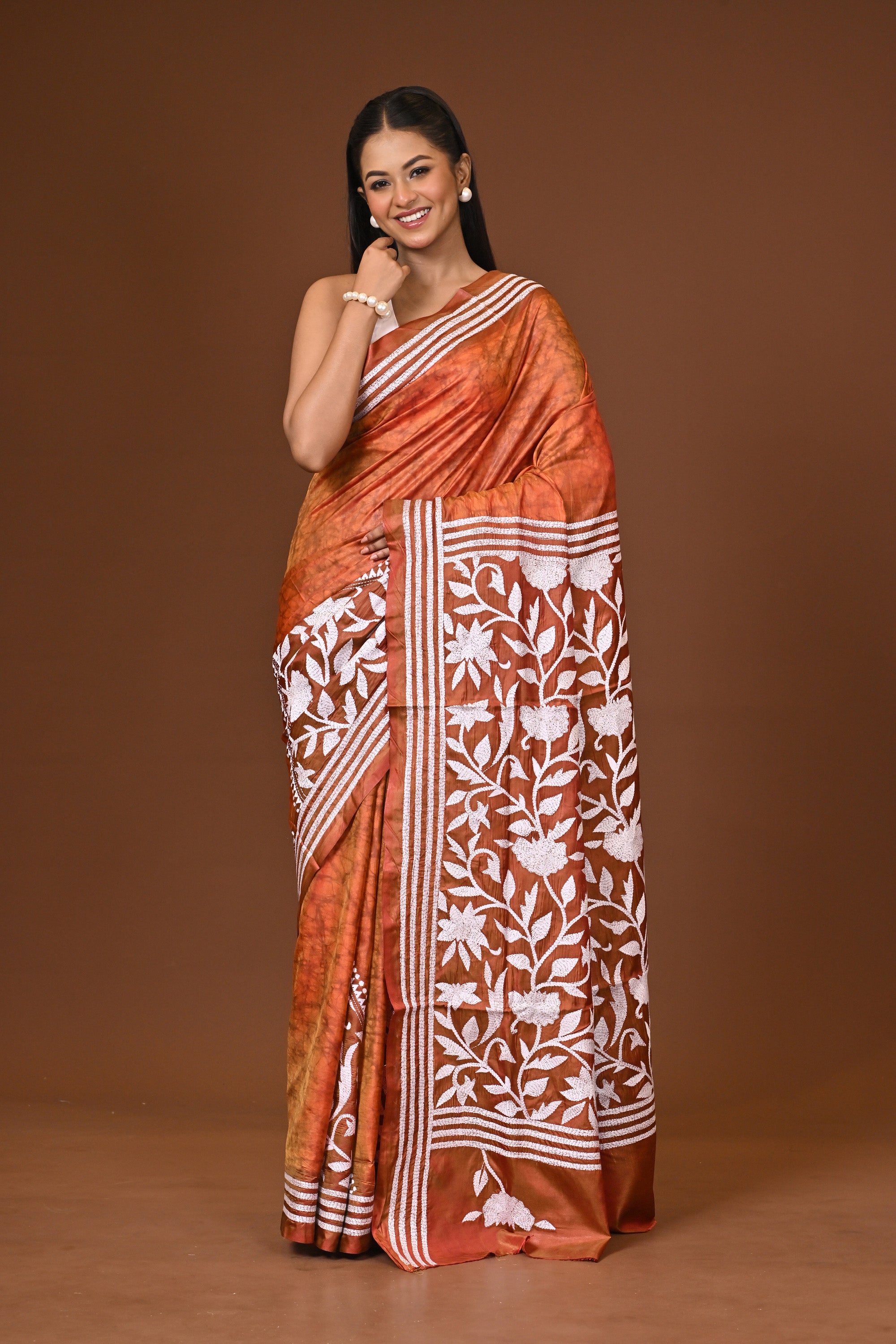 Blended Silk Kantha Stitch Saree Velvet Peach Thumbnail
