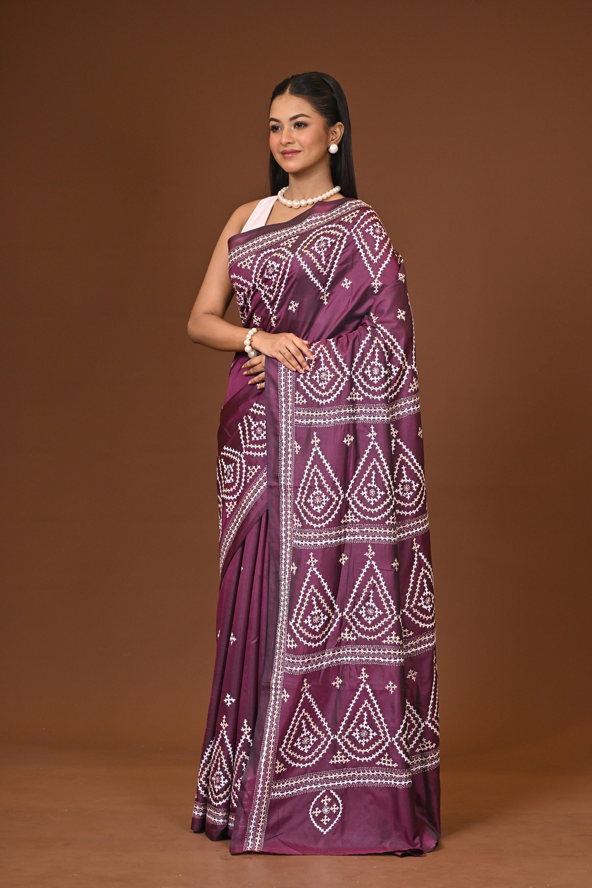 Blended Silk Kantha Stitch Saree Velvet Purple Thumbnail