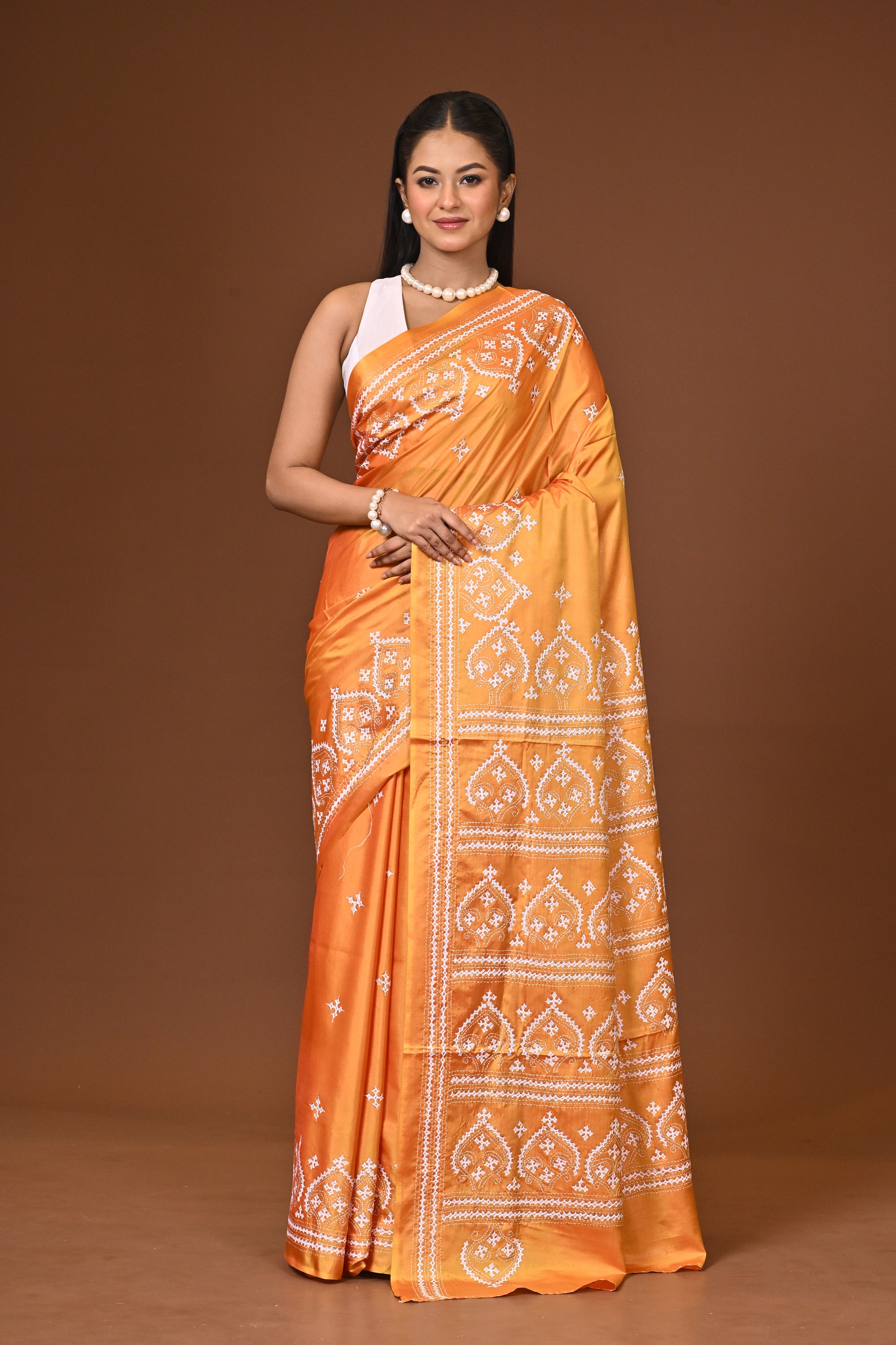 Blended Silk Kantha Stitch Saree Velvet Yellow Thumbnail