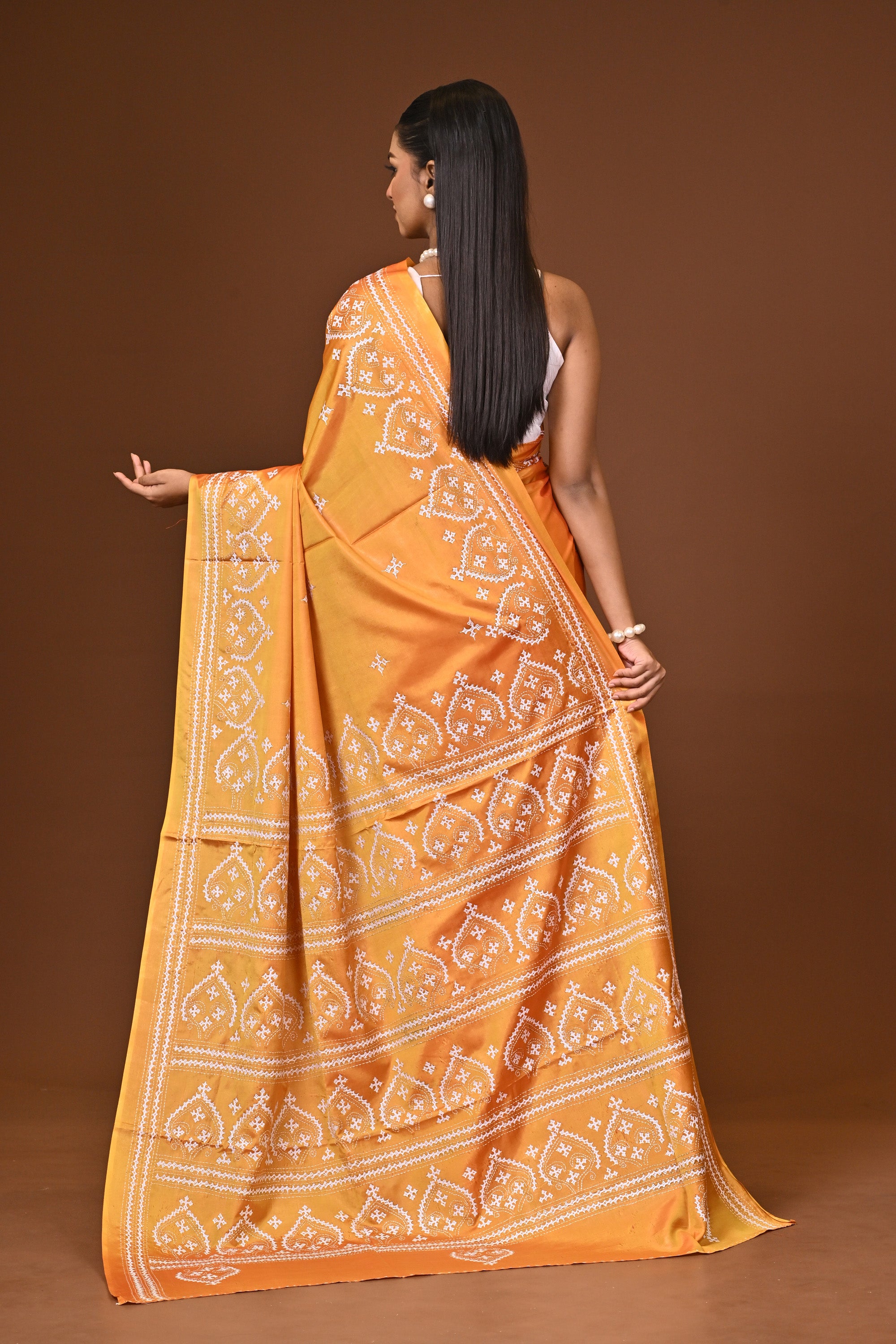 Blended Silk Kantha Stitch Saree Velvet Yellow Thumbnail