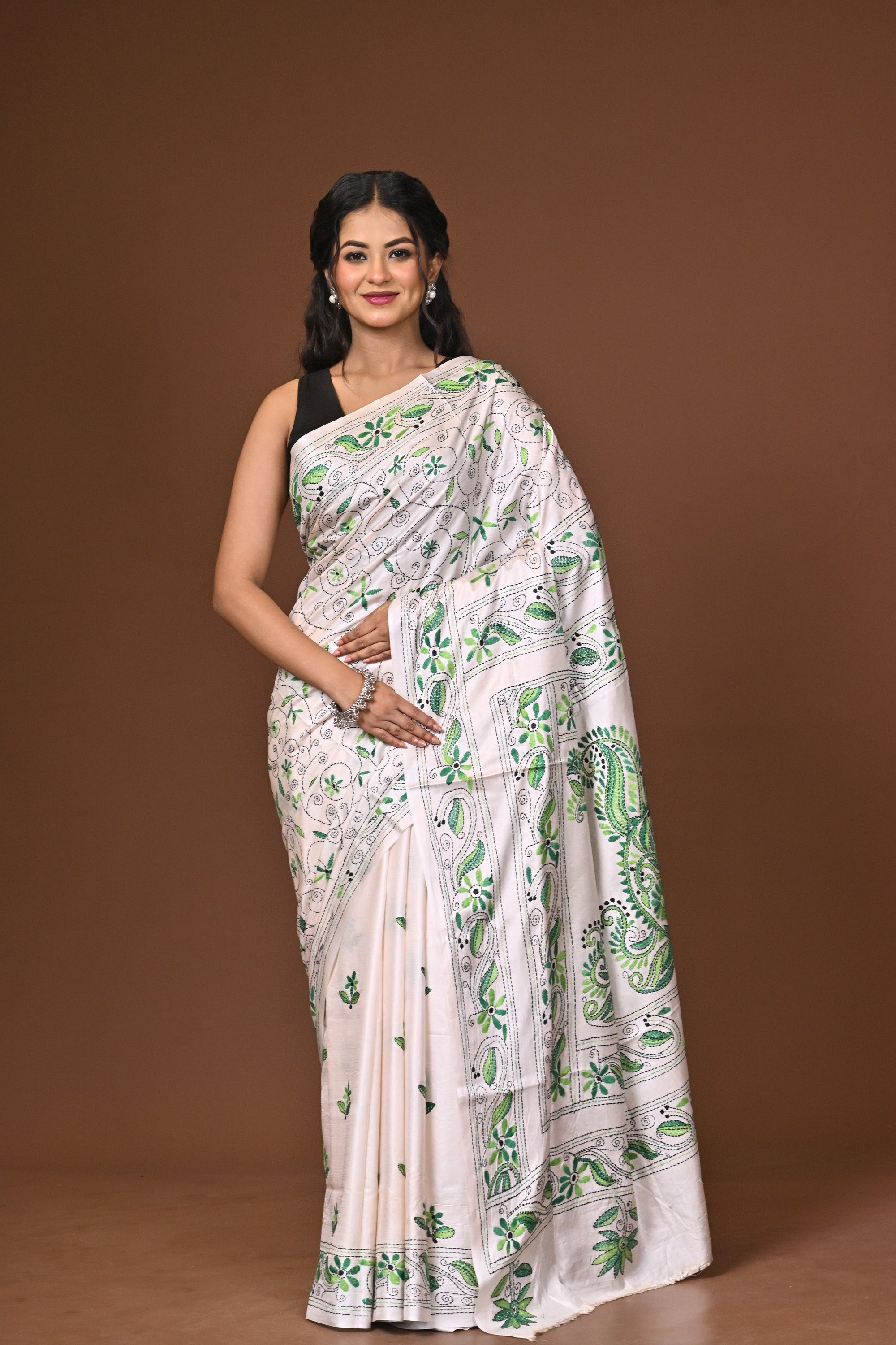 Blended Silk Kantha Stitch Saree White