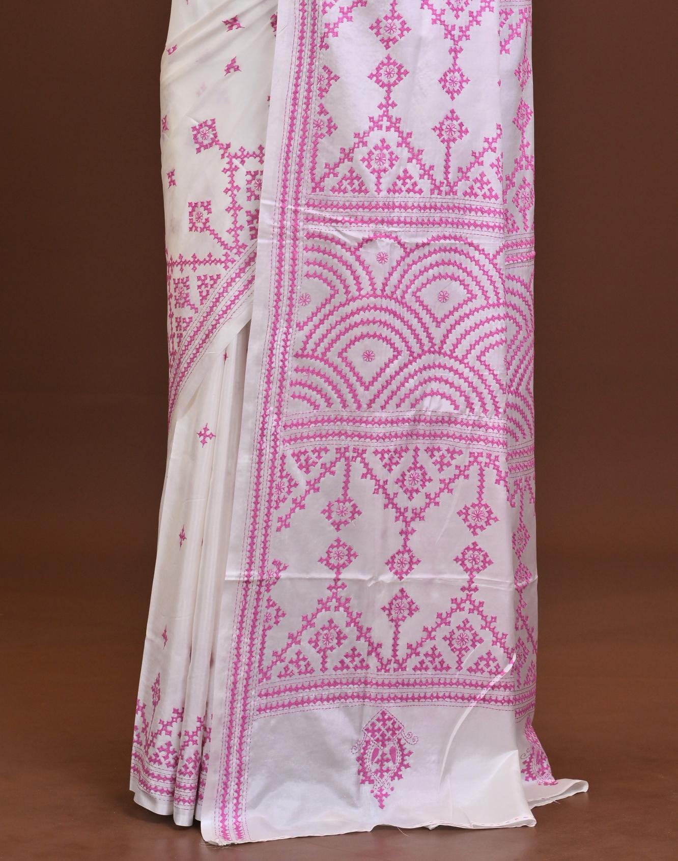 Blended Silk Kantha Stitch Saree White Thumbnail