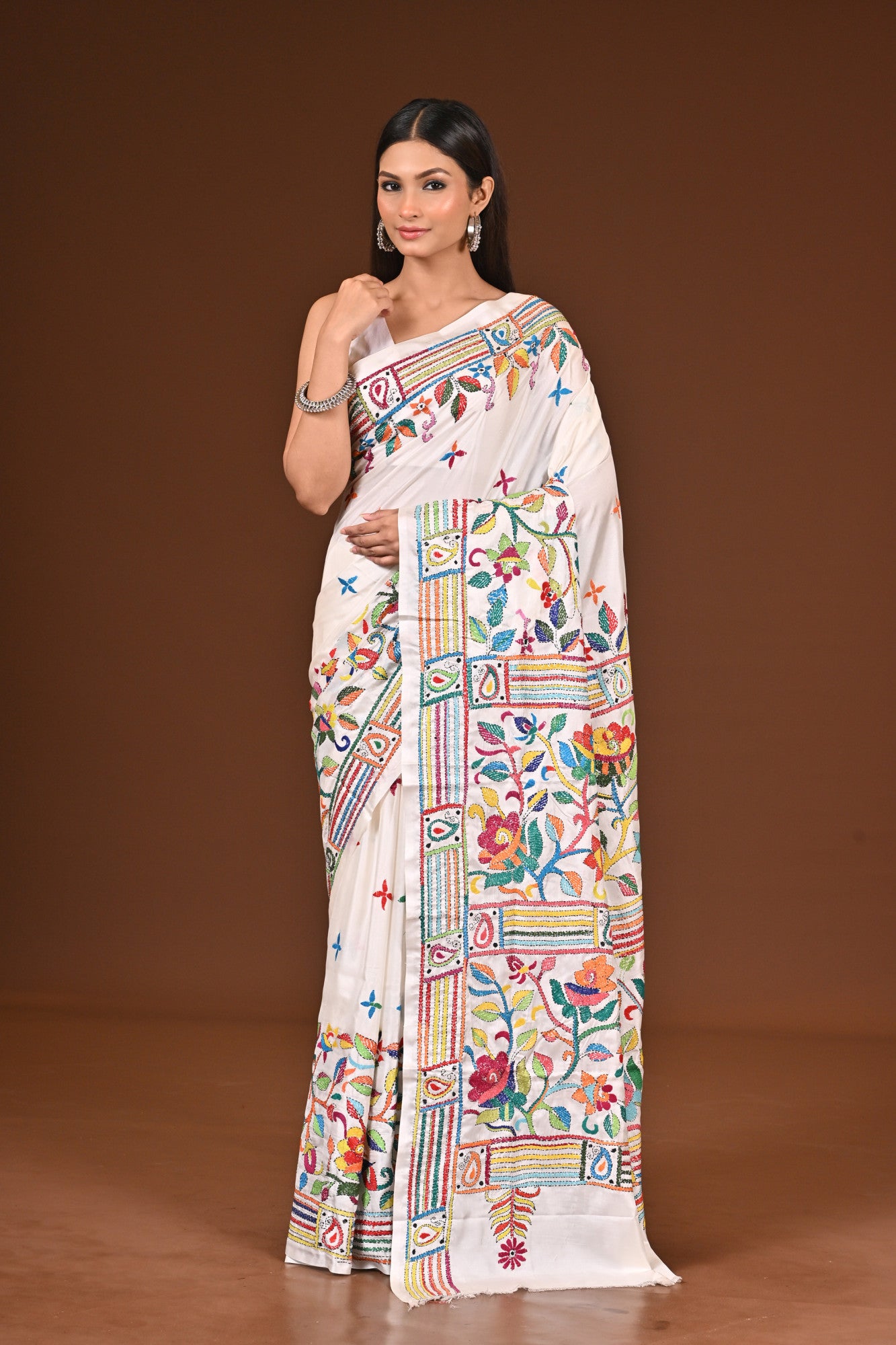 Blended Silk Kantha Stitch Saree White