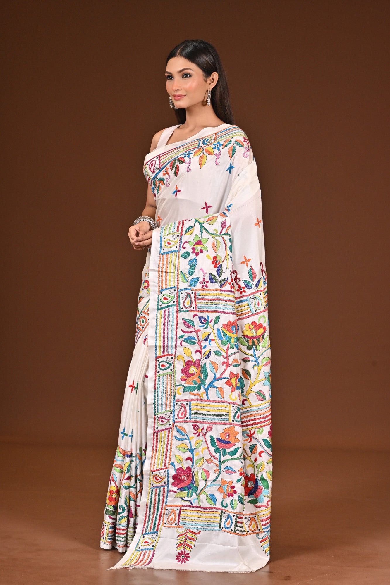 Blended Silk Kantha Stitch Saree White Thumbnail