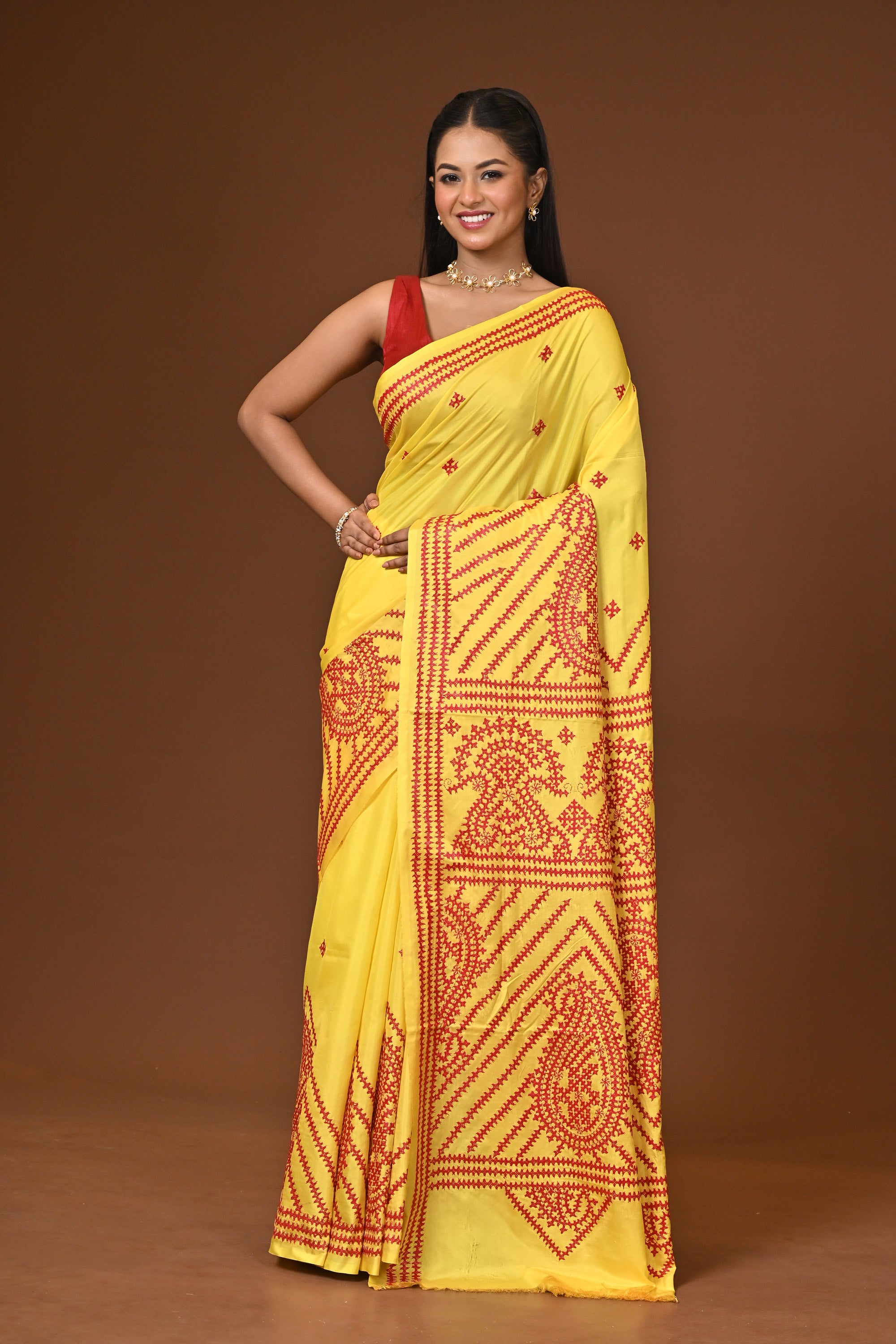 Blended Silk Kantha Stitch Saree Yellow Thumbnail