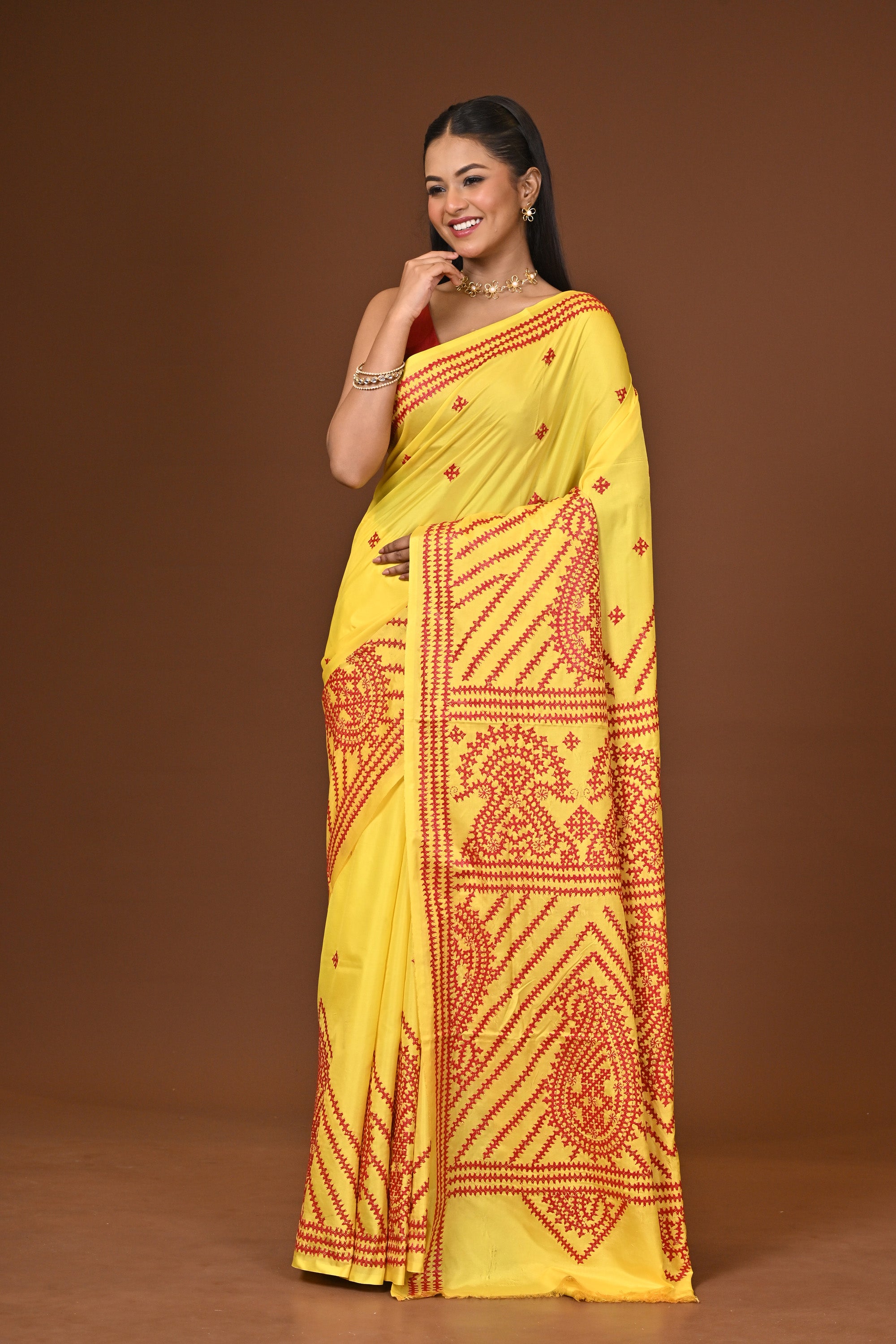 Blended Silk Kantha Stitch Saree Yellow Thumbnail