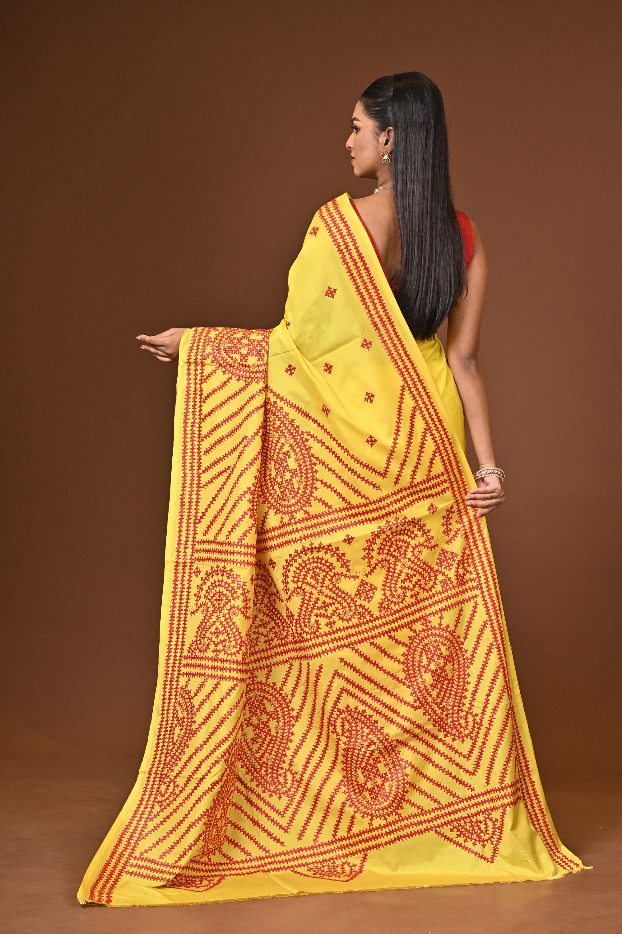 Blended Silk Kantha Stitch Saree Yellow Thumbnail
