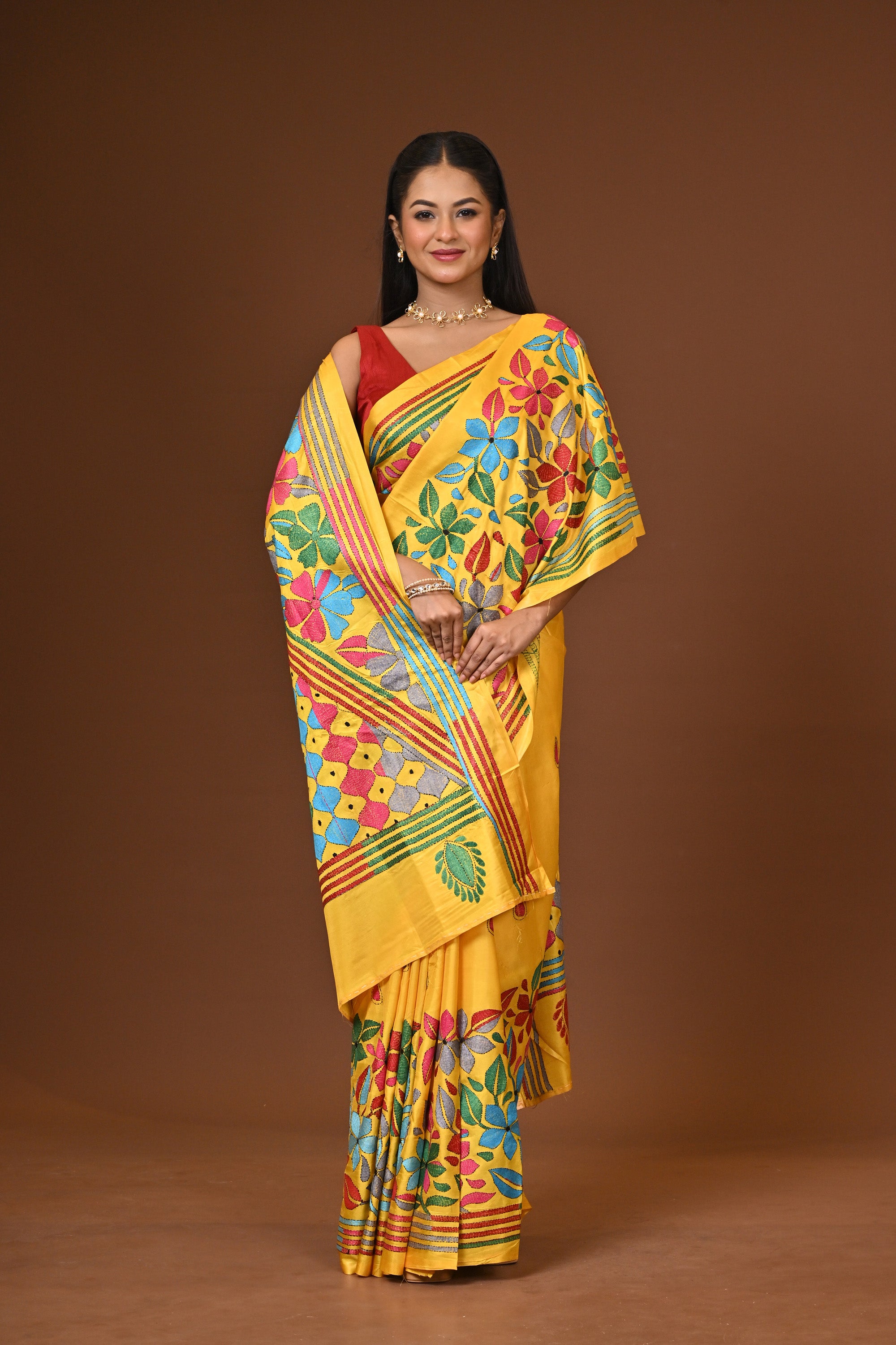 Blended Silk Kantha Stitch Saree Yellow Thumbnail