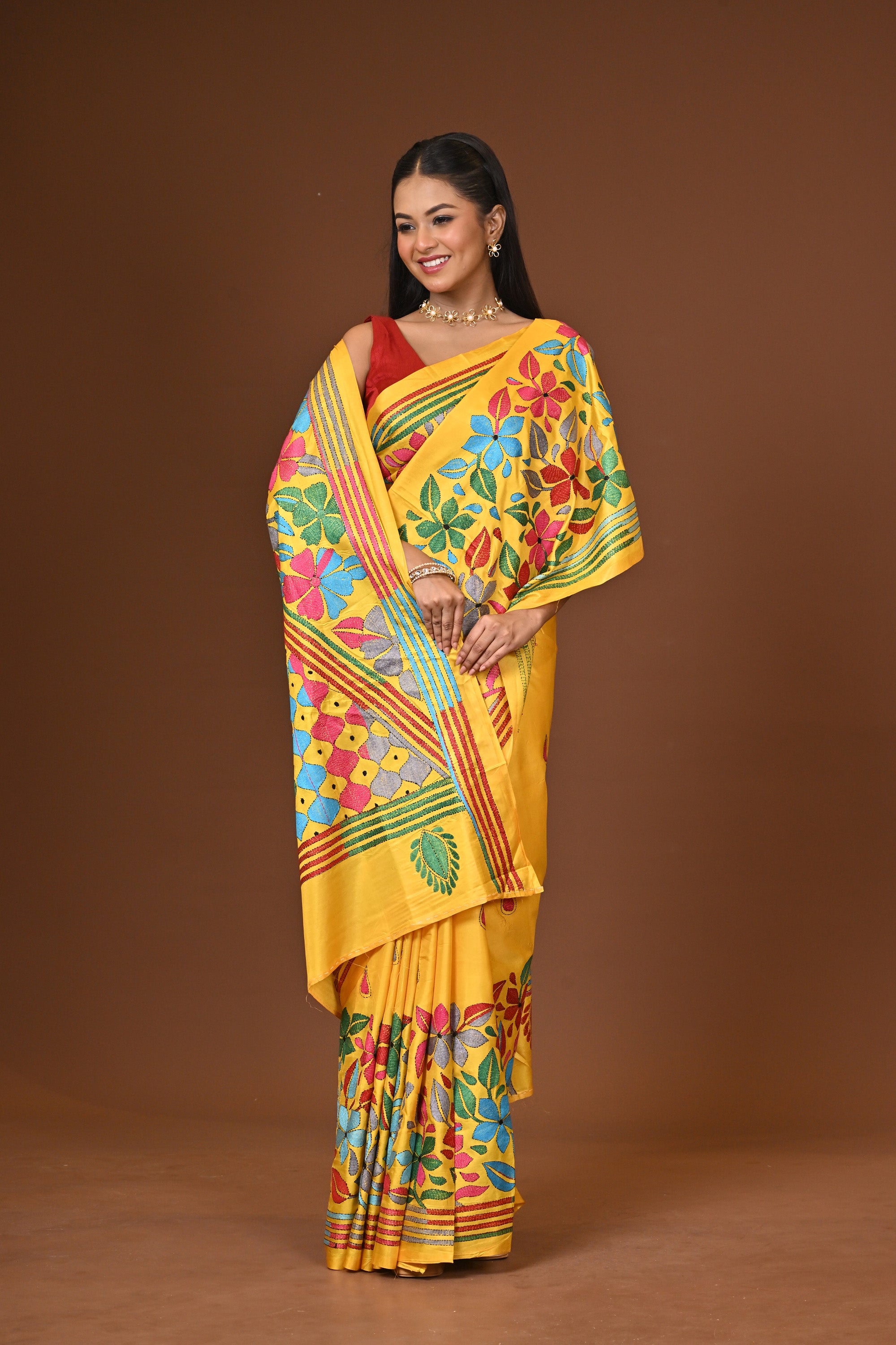 Blended Silk Kantha Stitch Saree Yellow Thumbnail