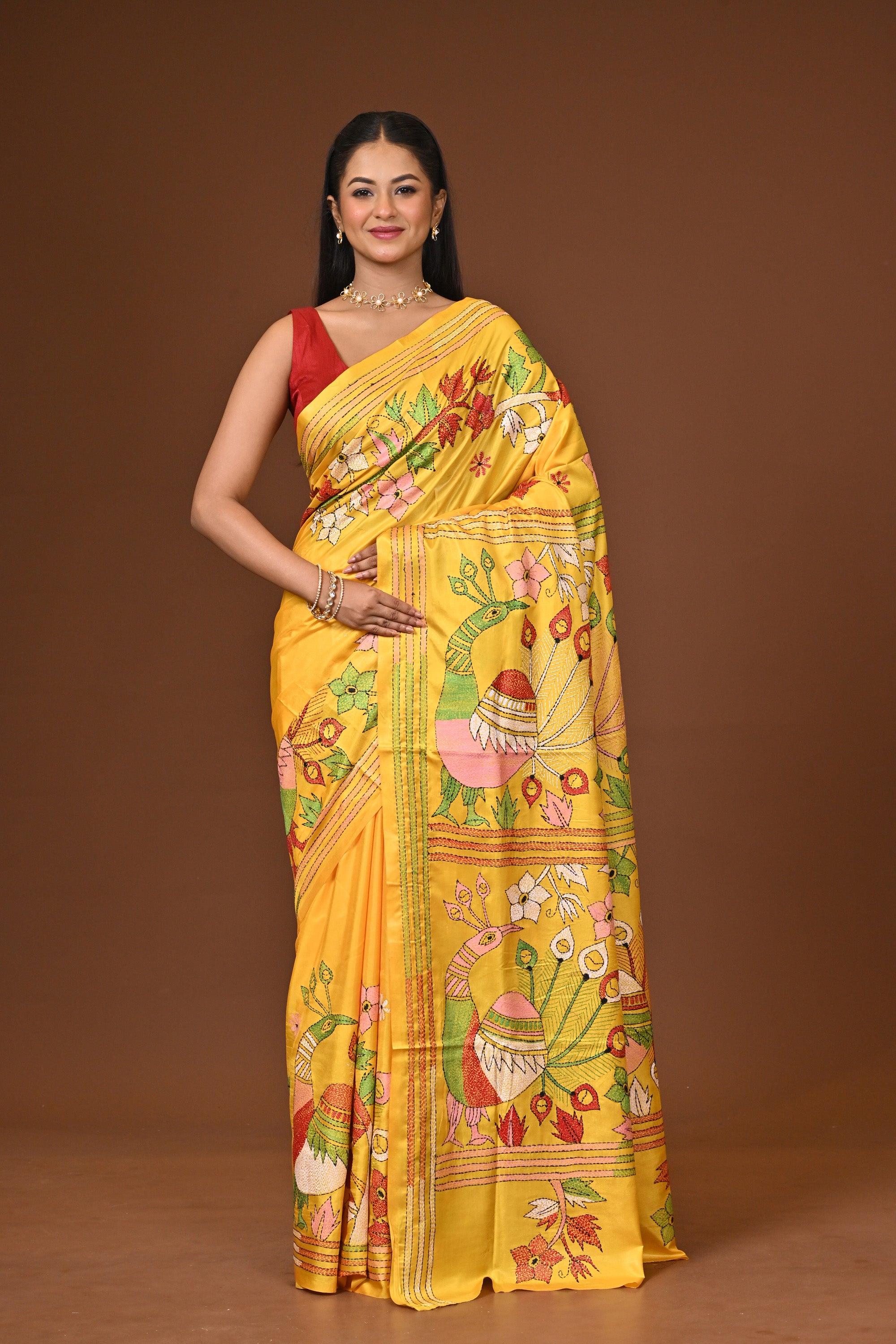 Blended Silk Kantha Stitch Saree Yellow