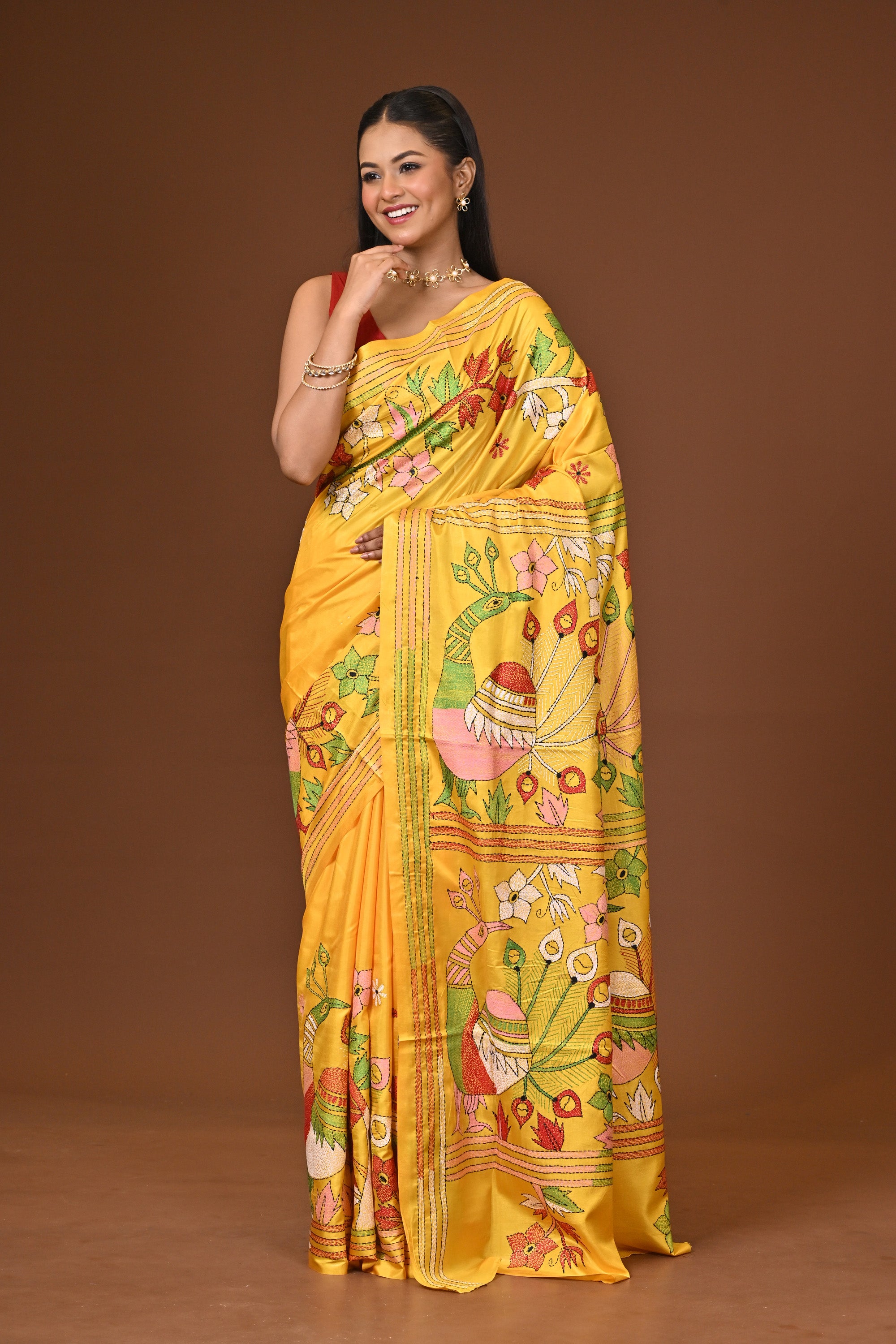 Blended Silk Kantha Stitch Saree Yellow Thumbnail