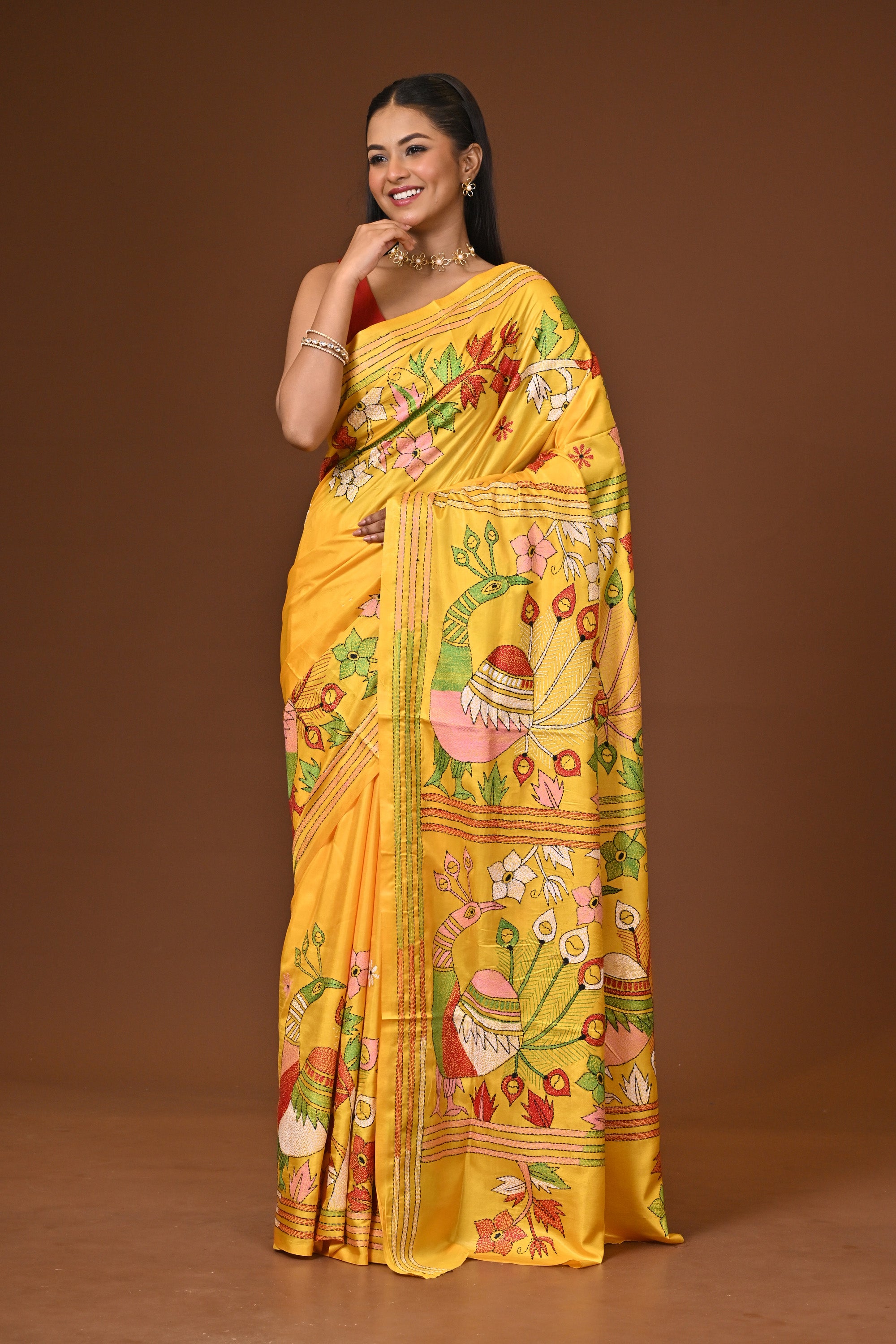 Blended Silk Kantha Stitch Saree Yellow Thumbnail