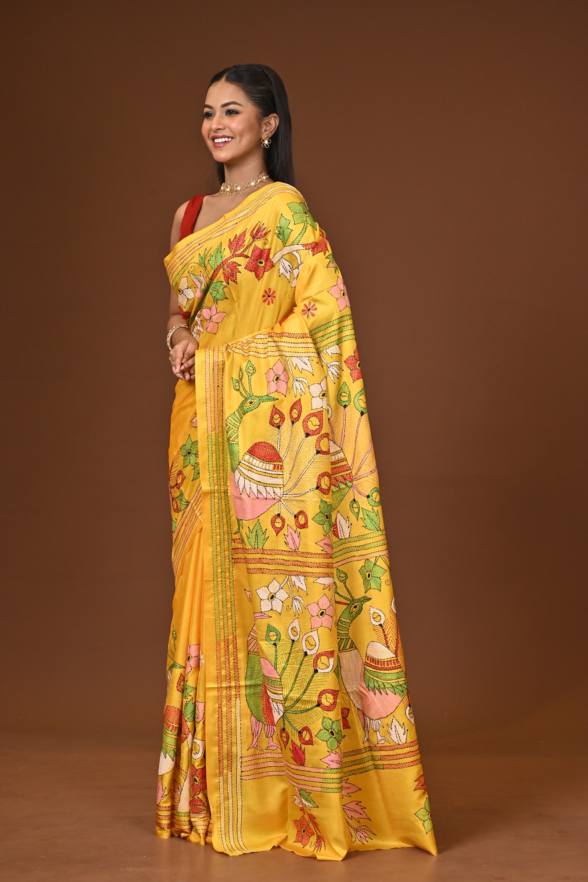 Blended Silk Kantha Stitch Saree Yellow Thumbnail