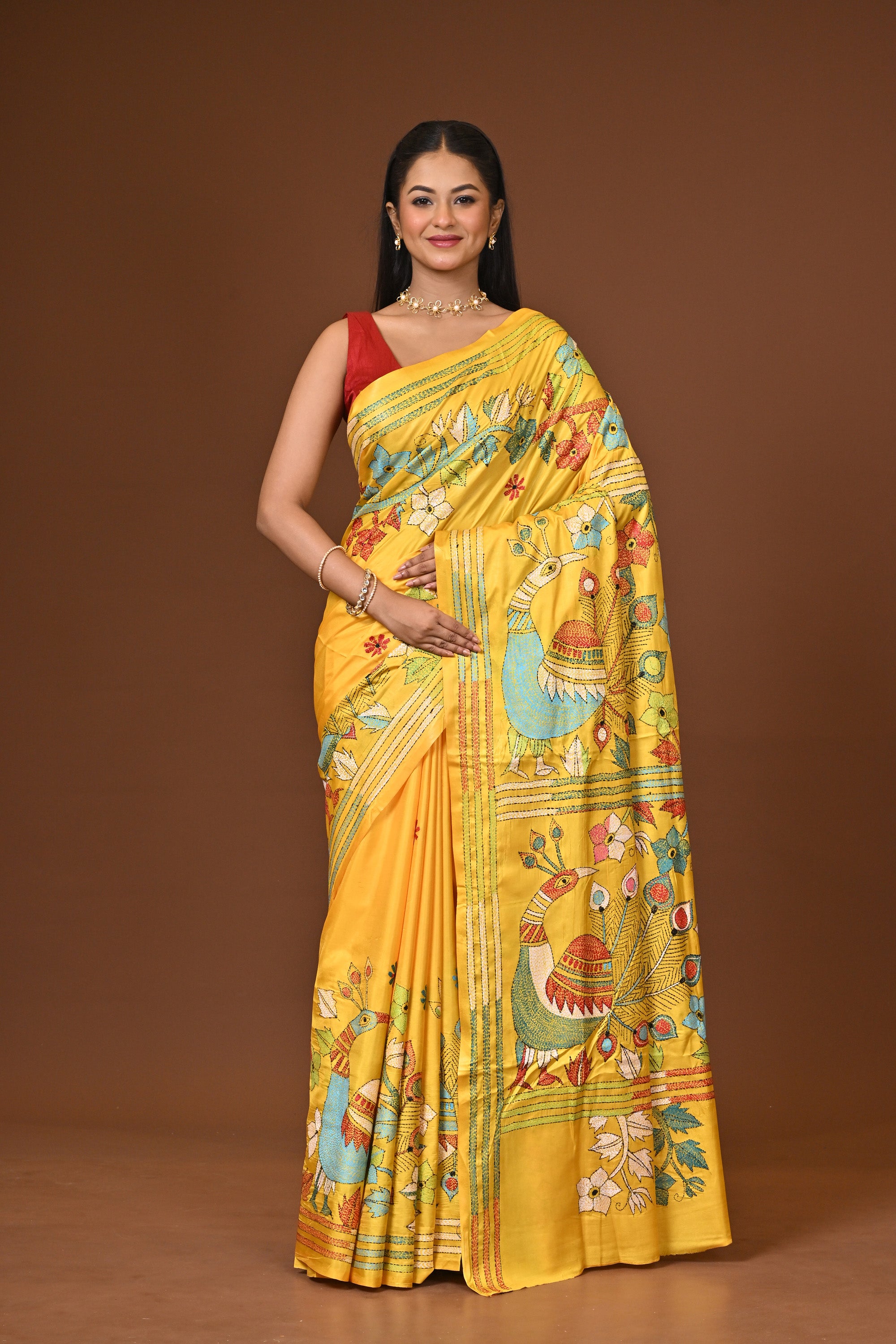 Blended Silk Kantha Stitch Saree Yellow