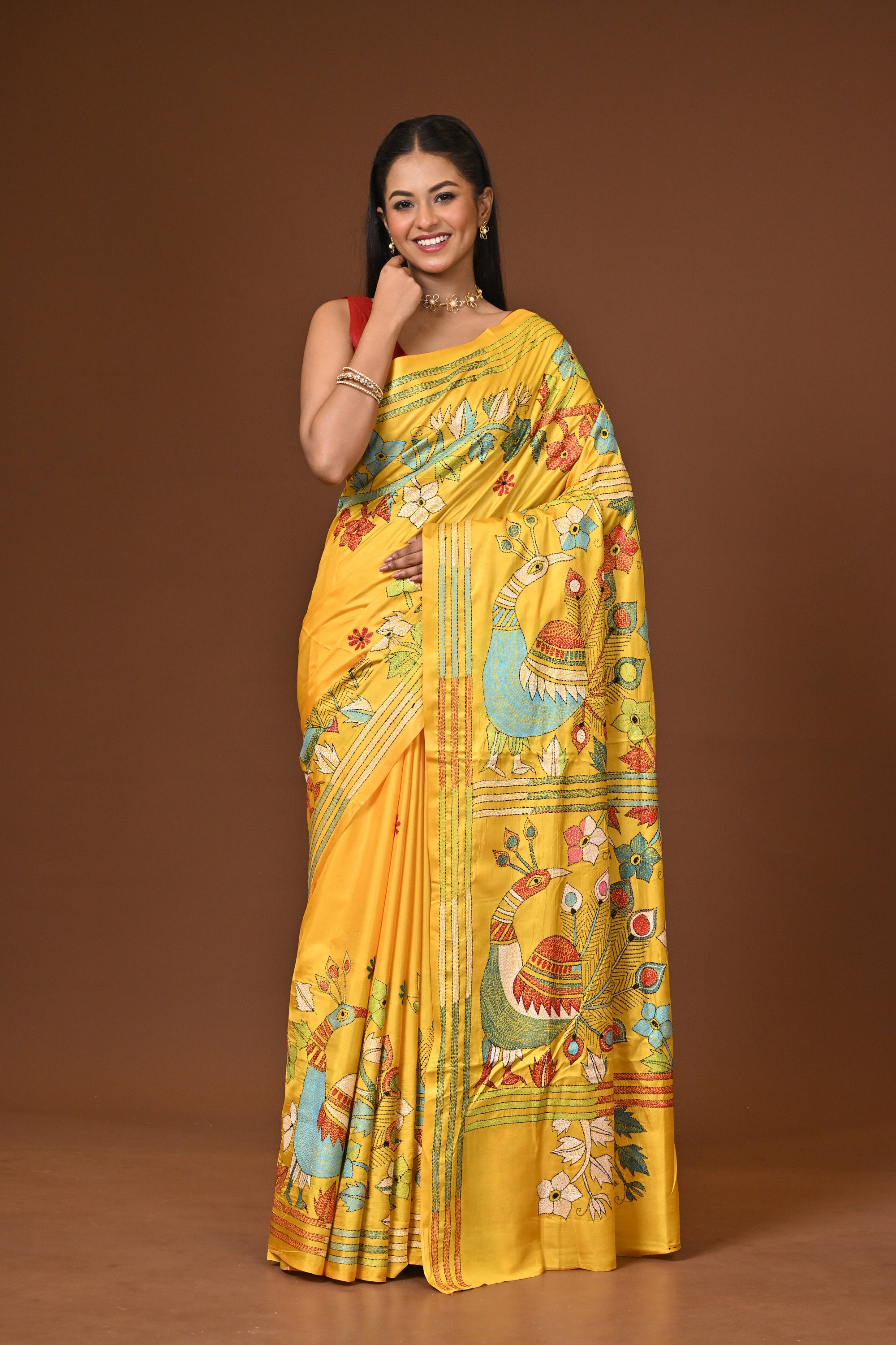 Blended Silk Kantha Stitch Saree Yellow Thumbnail