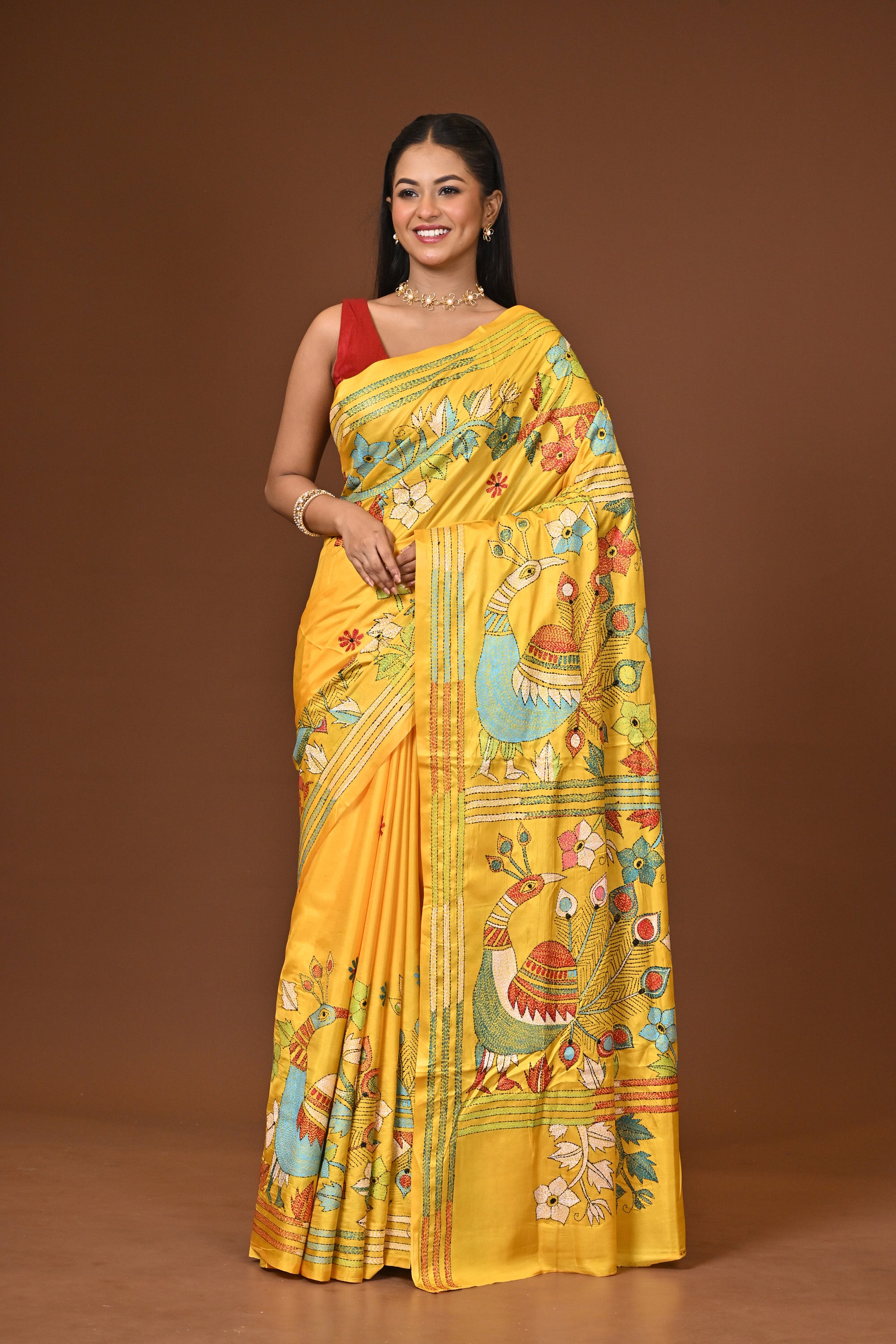 Blended Silk Kantha Stitch Saree Yellow Thumbnail