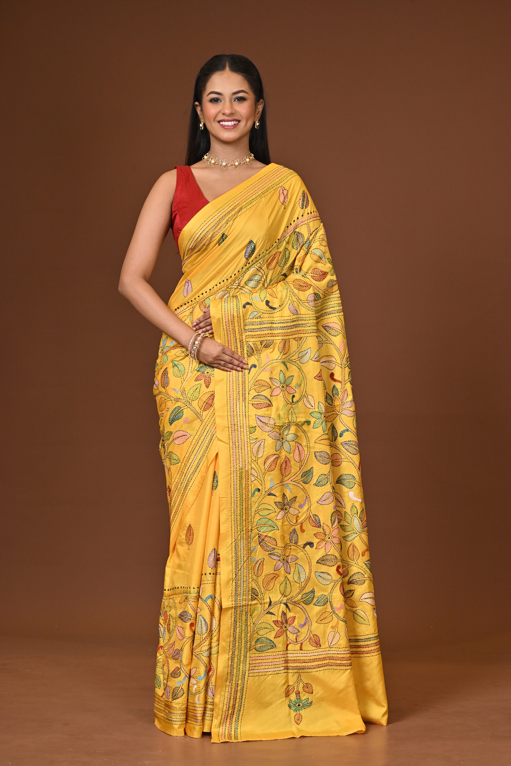 Blended Silk Kantha Stitch Saree Yellow