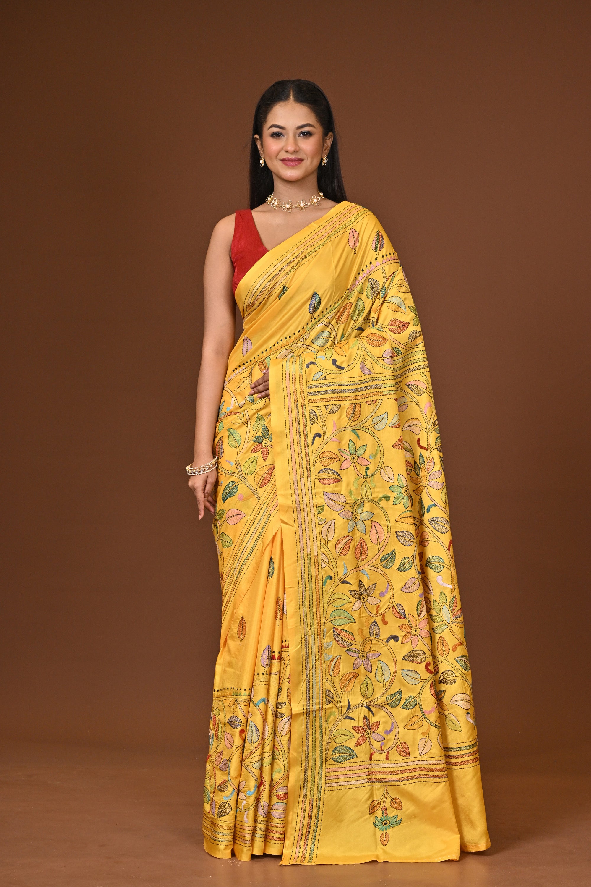Blended Silk Kantha Stitch Saree Yellow Thumbnail