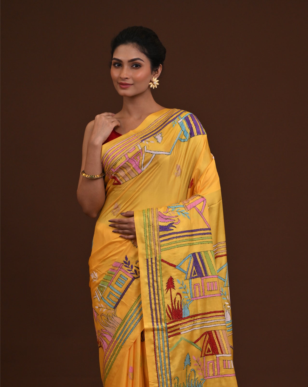 Blended Silk Kantha Stitch Saree Yellow