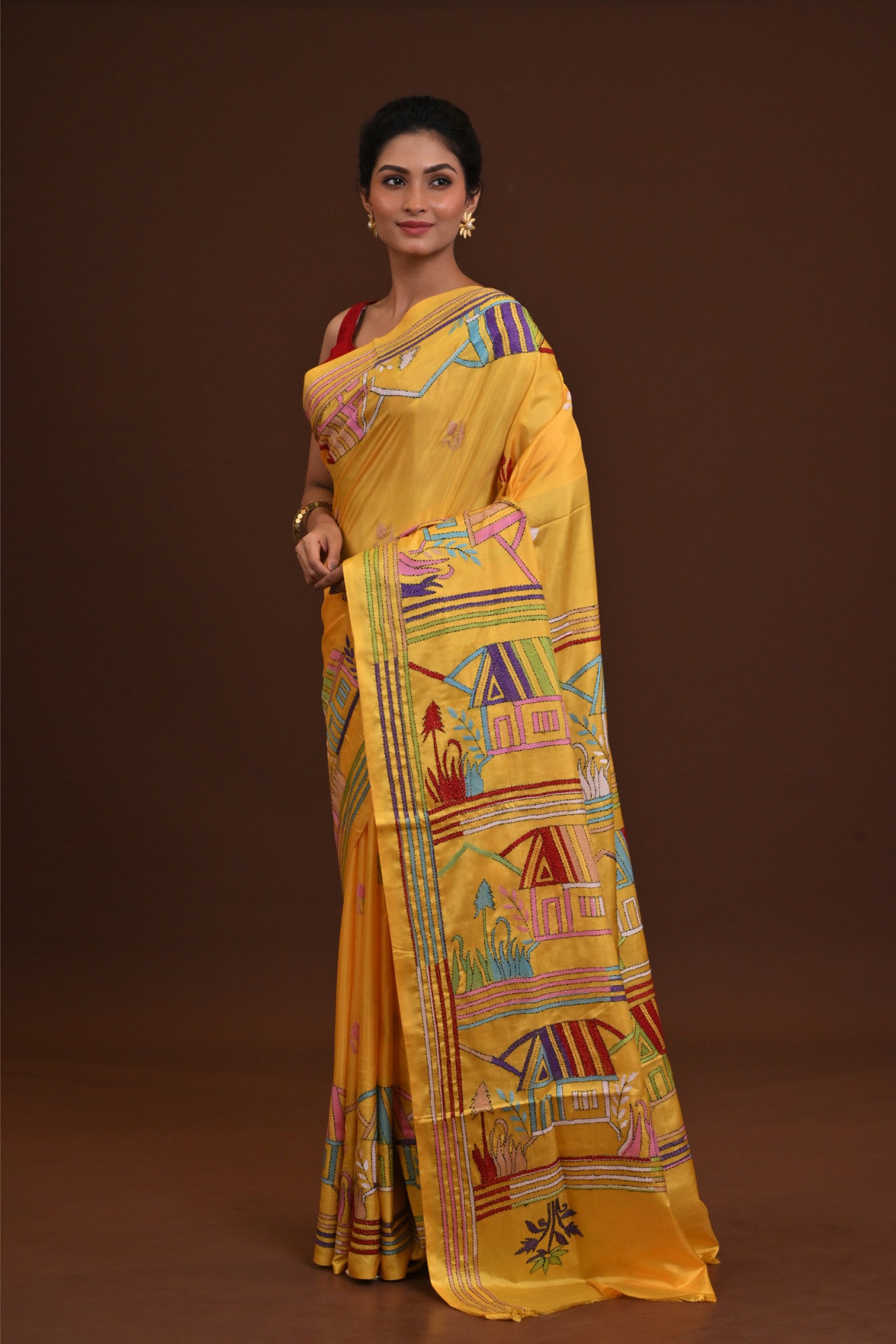 Blended Silk Kantha Stitch Saree Yellow Thumbnail