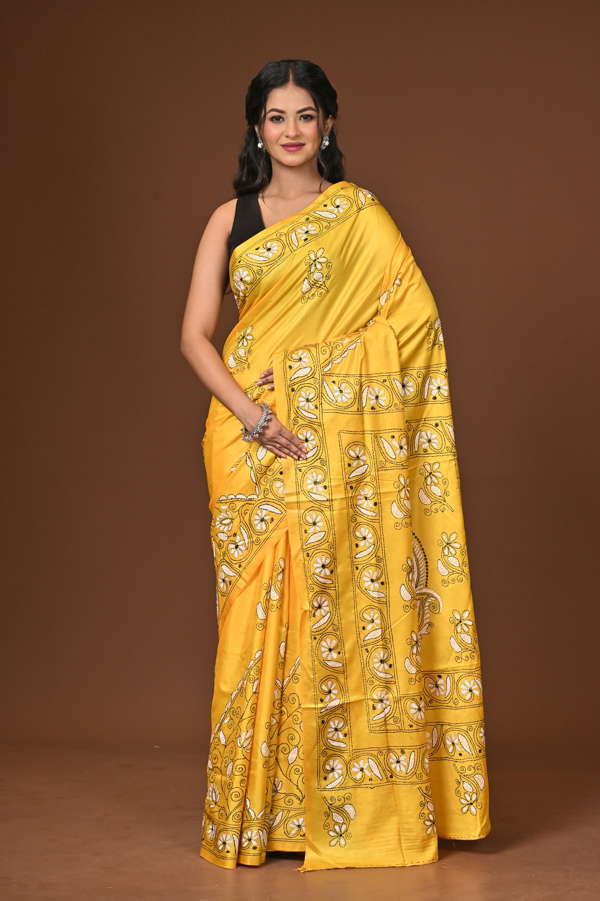 Blended Silk Kantha Stitch Saree Yellow