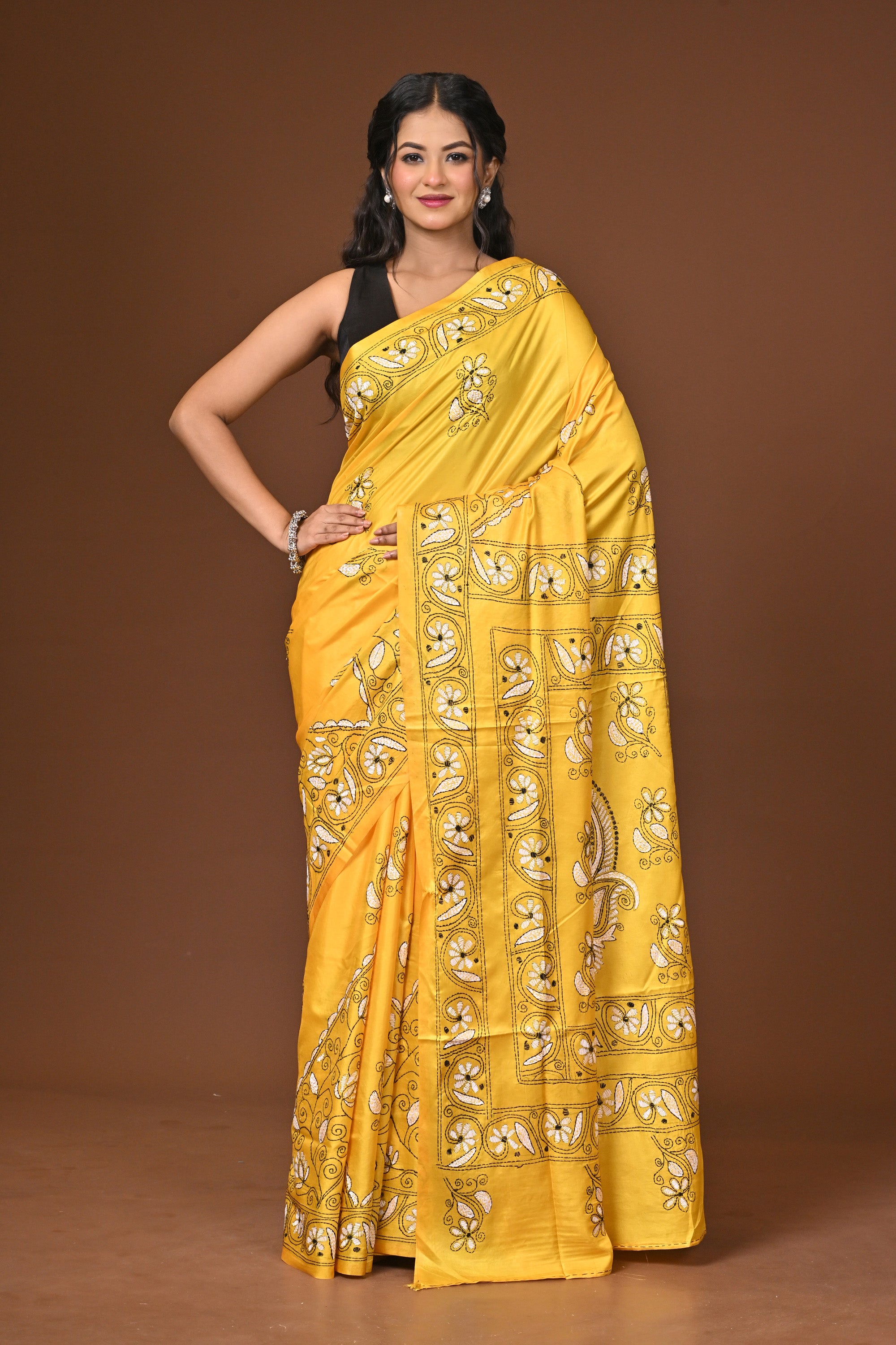 Blended Silk Kantha Stitch Saree Yellow Thumbnail