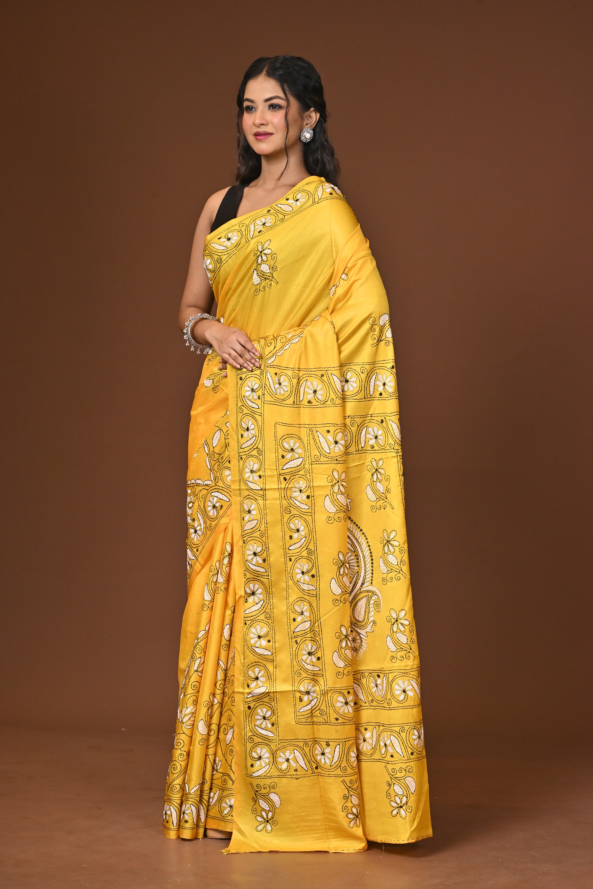 Blended Silk Kantha Stitch Saree Yellow Thumbnail