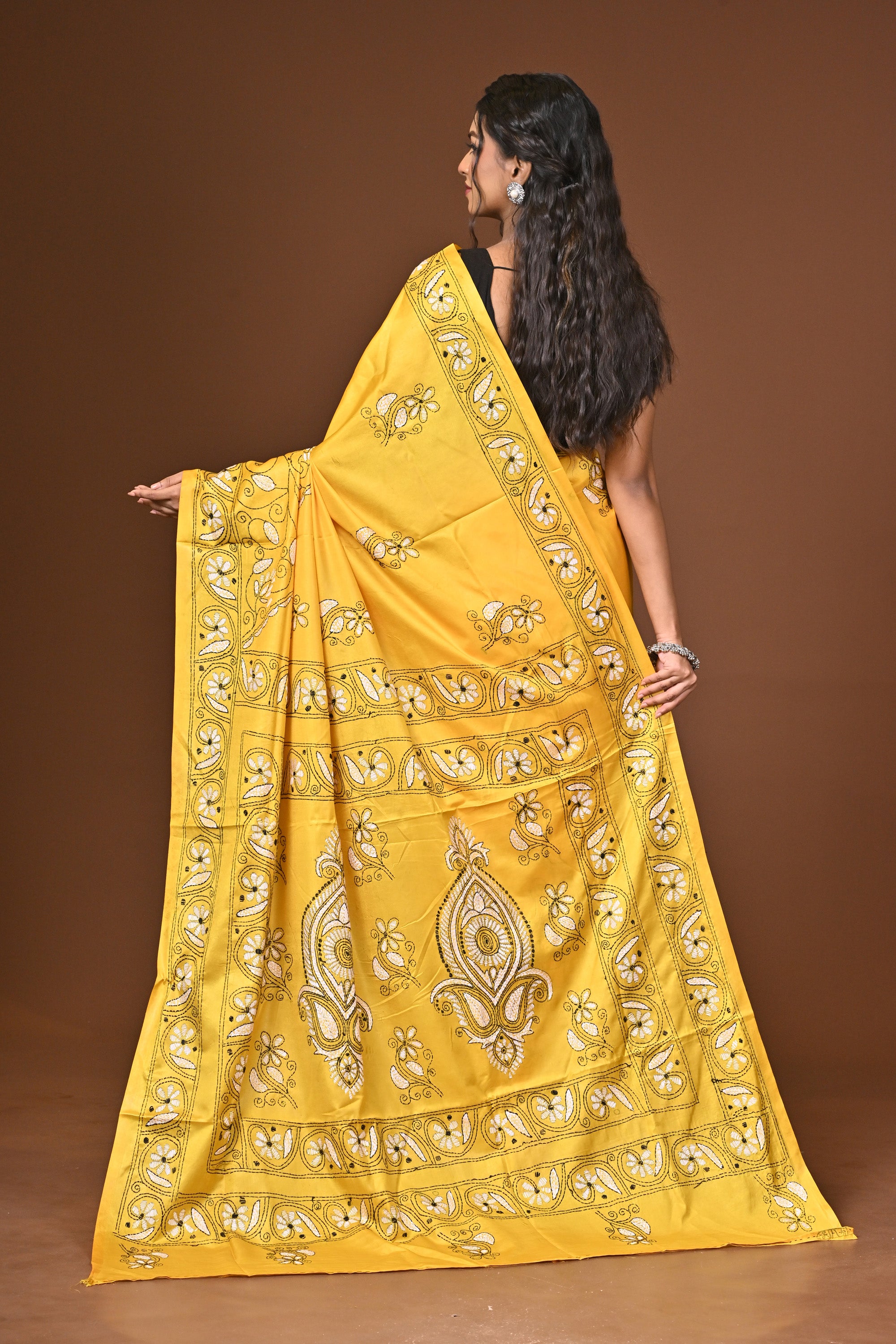 Blended Silk Kantha Stitch Saree Yellow Thumbnail