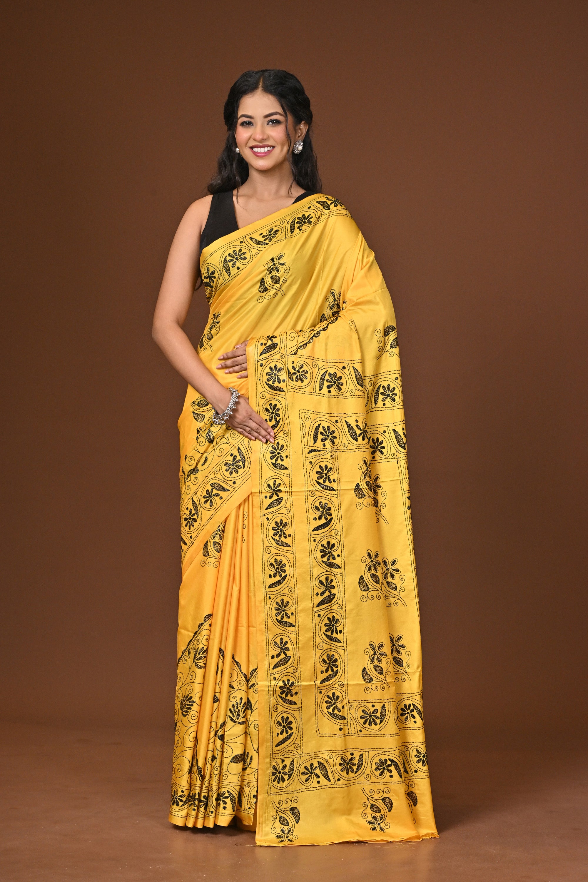 Blended Silk Kantha Stitch Saree Yellow Thumbnail
