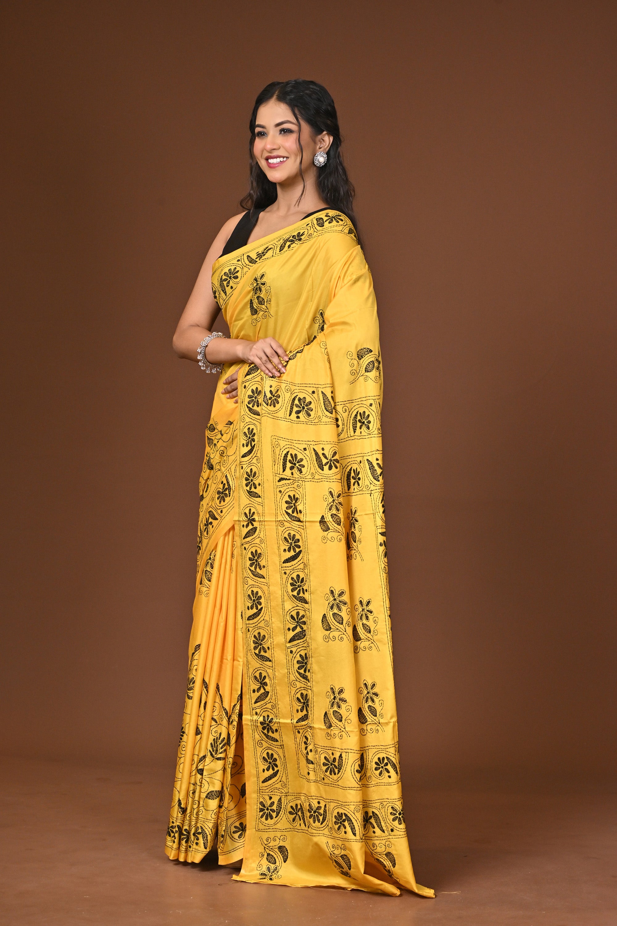 Blended Silk Kantha Stitch Saree Yellow Thumbnail