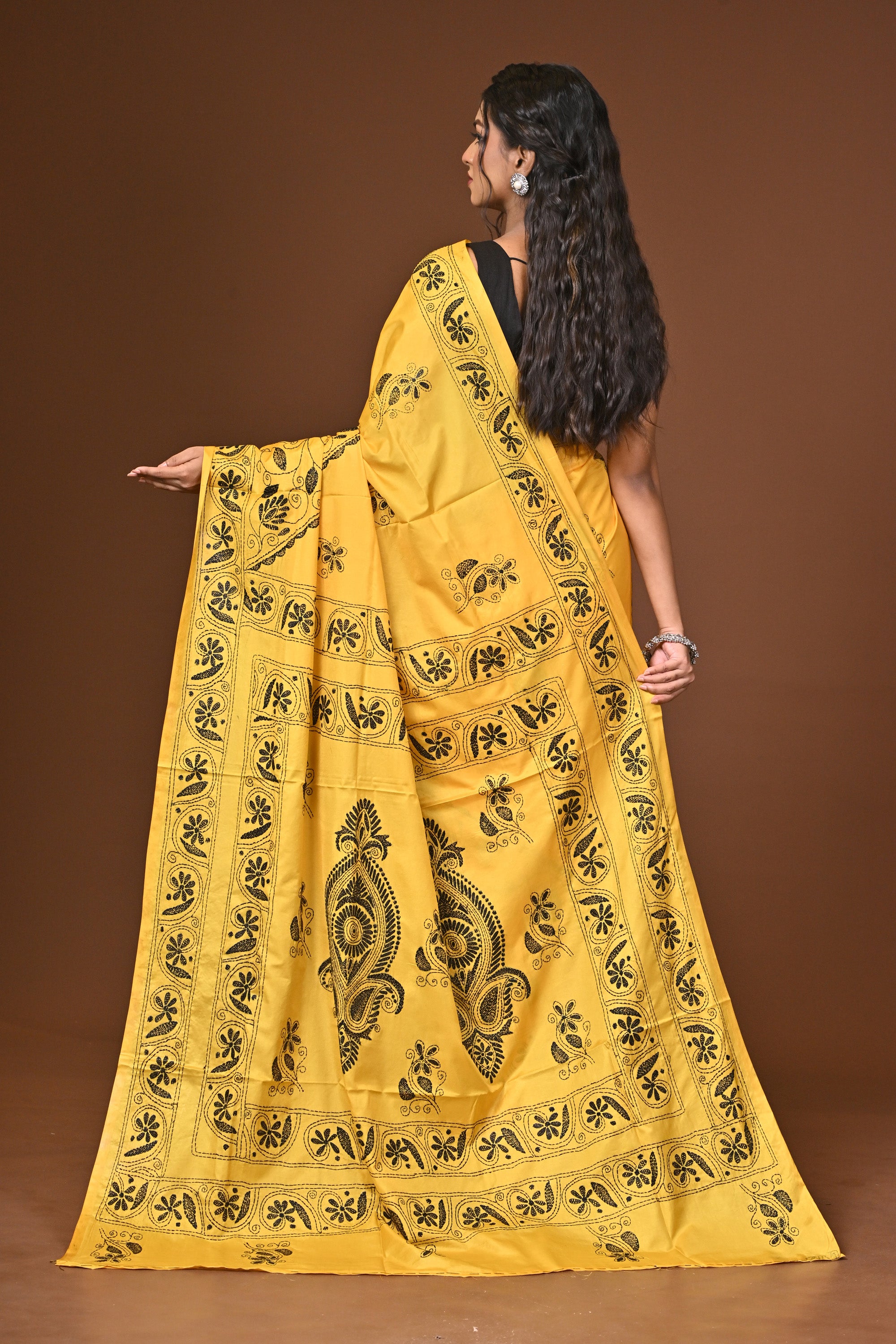 Blended Silk Kantha Stitch Saree Yellow Thumbnail