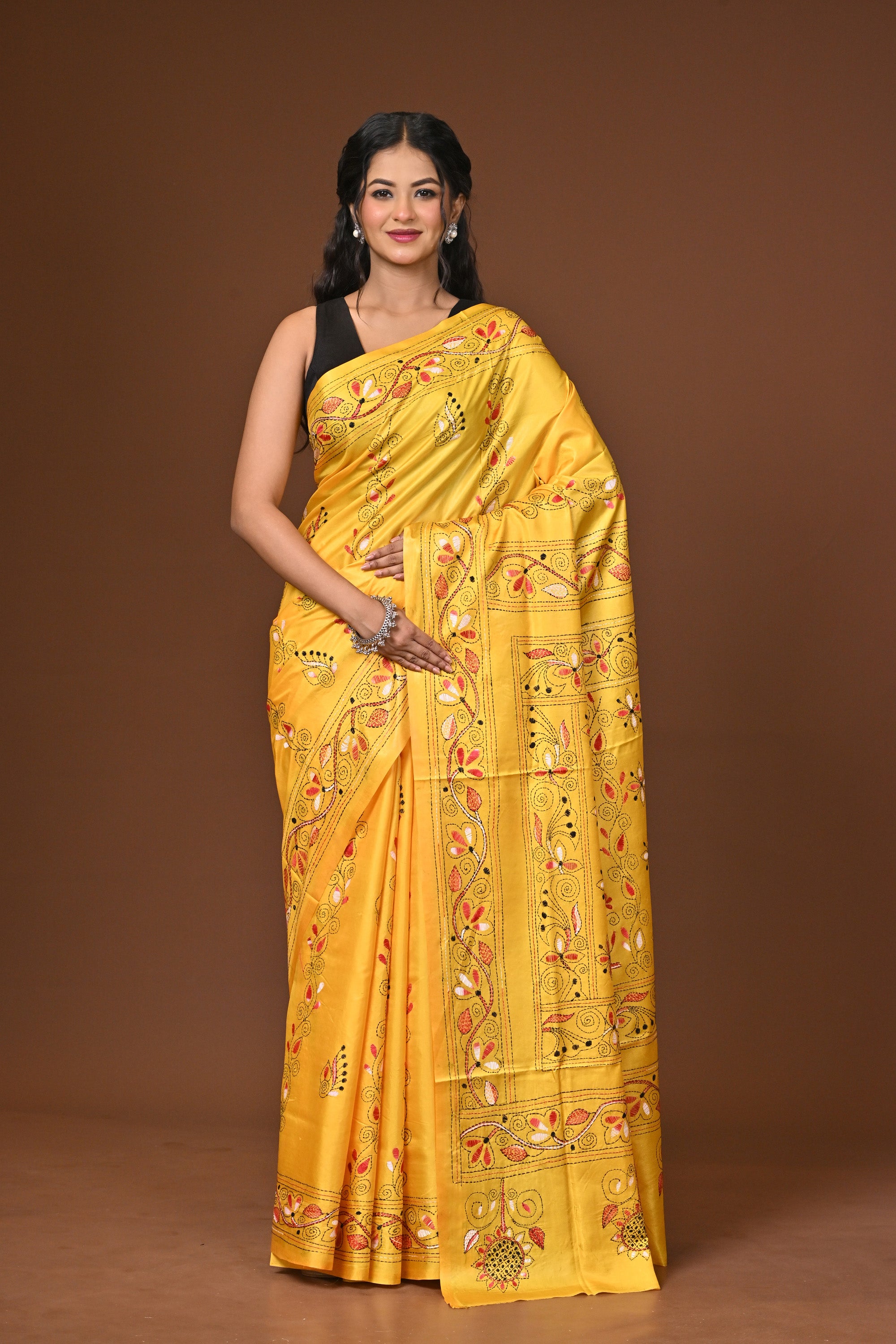 Blended Silk Kantha Stitch Saree Yellow