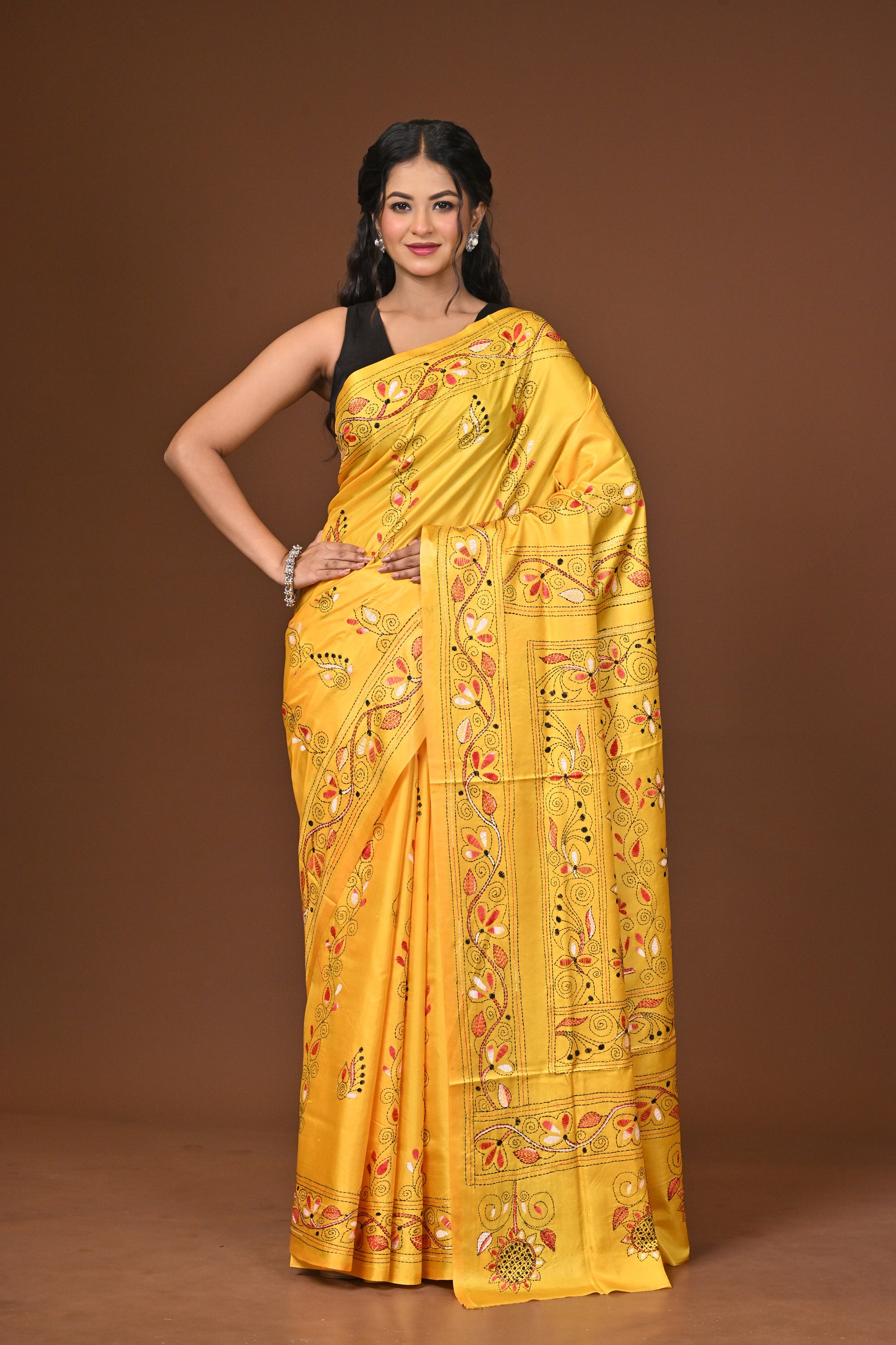 Blended Silk Kantha Stitch Saree Yellow Thumbnail