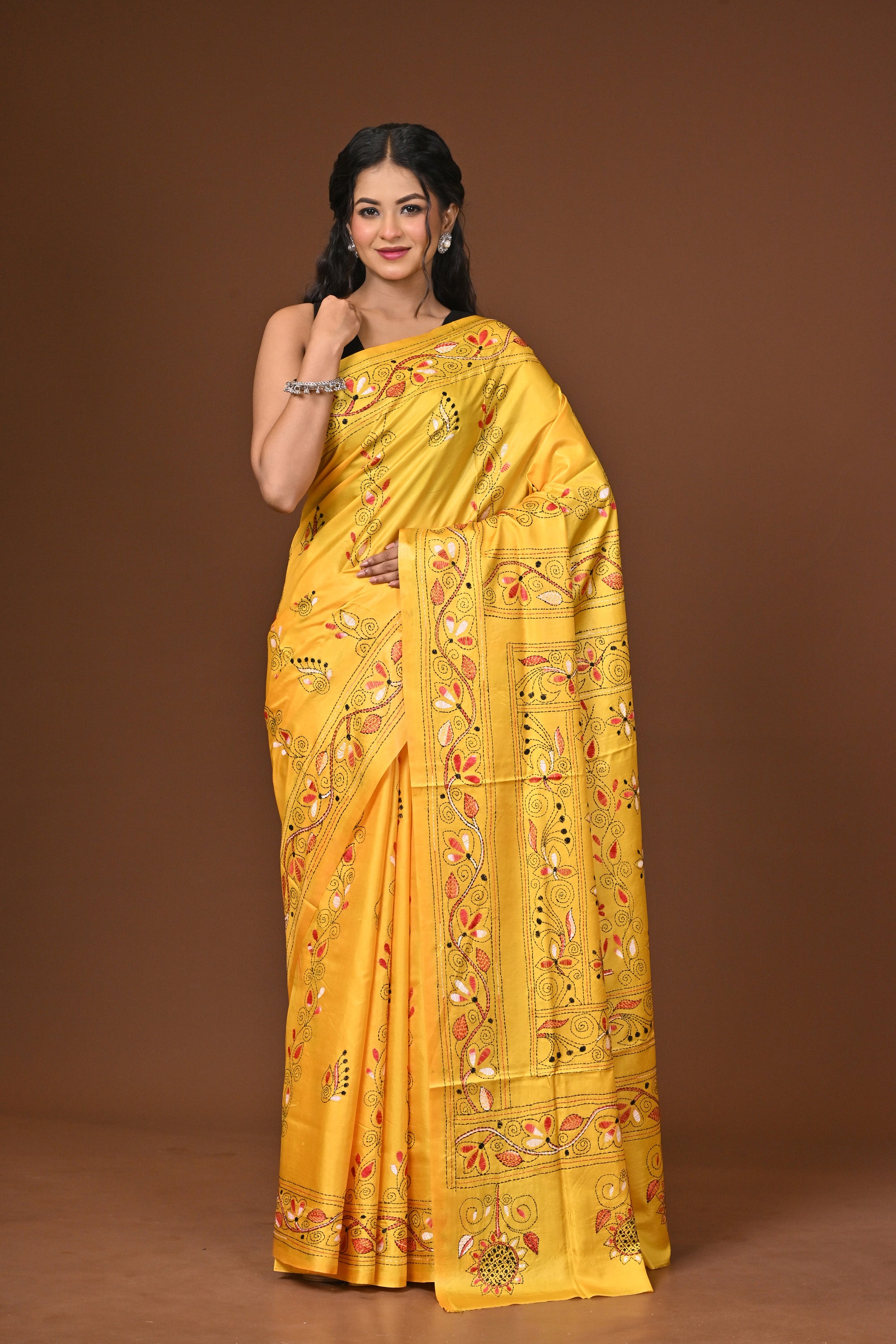 Blended Silk Kantha Stitch Saree Yellow Thumbnail