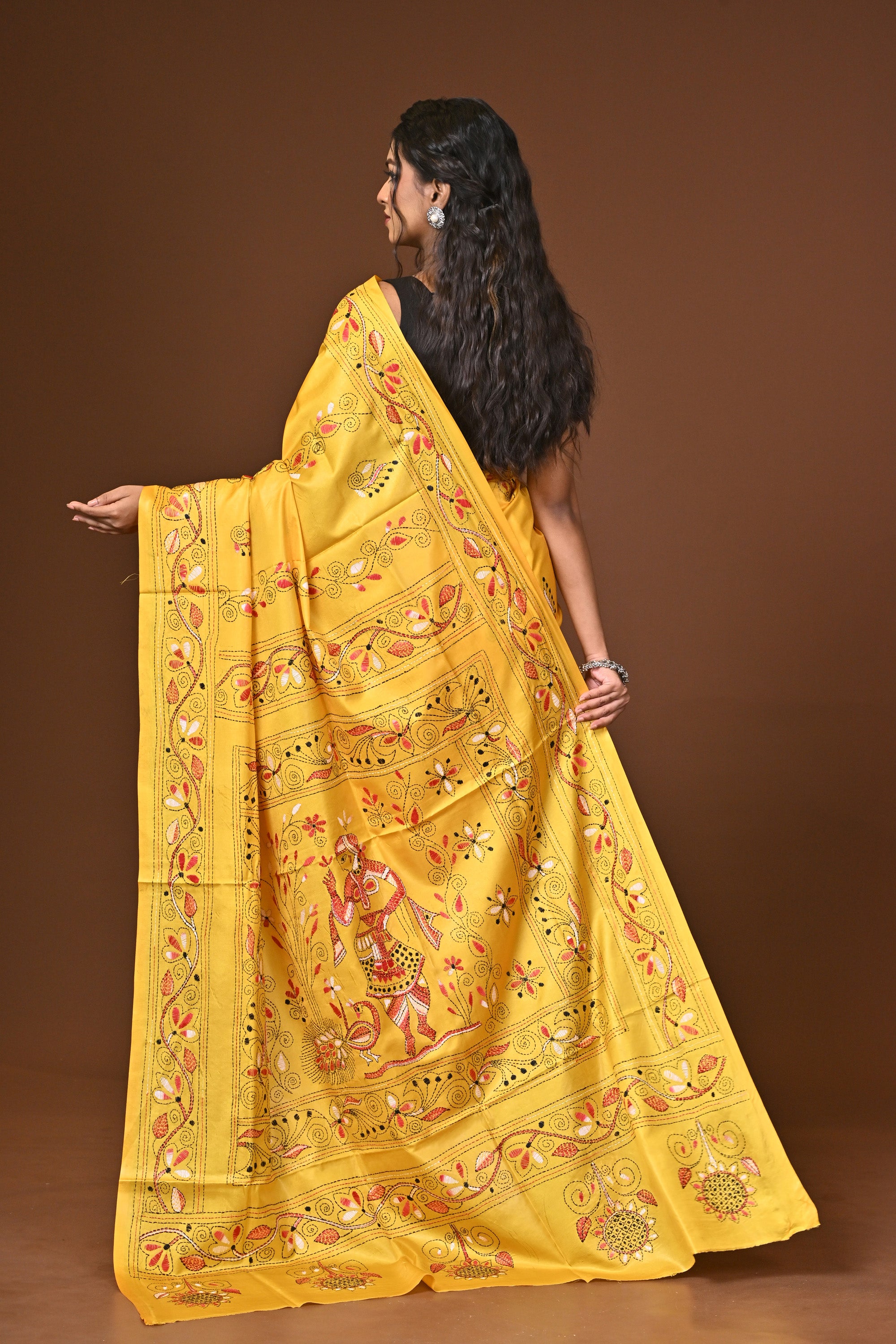 Blended Silk Kantha Stitch Saree Yellow Thumbnail