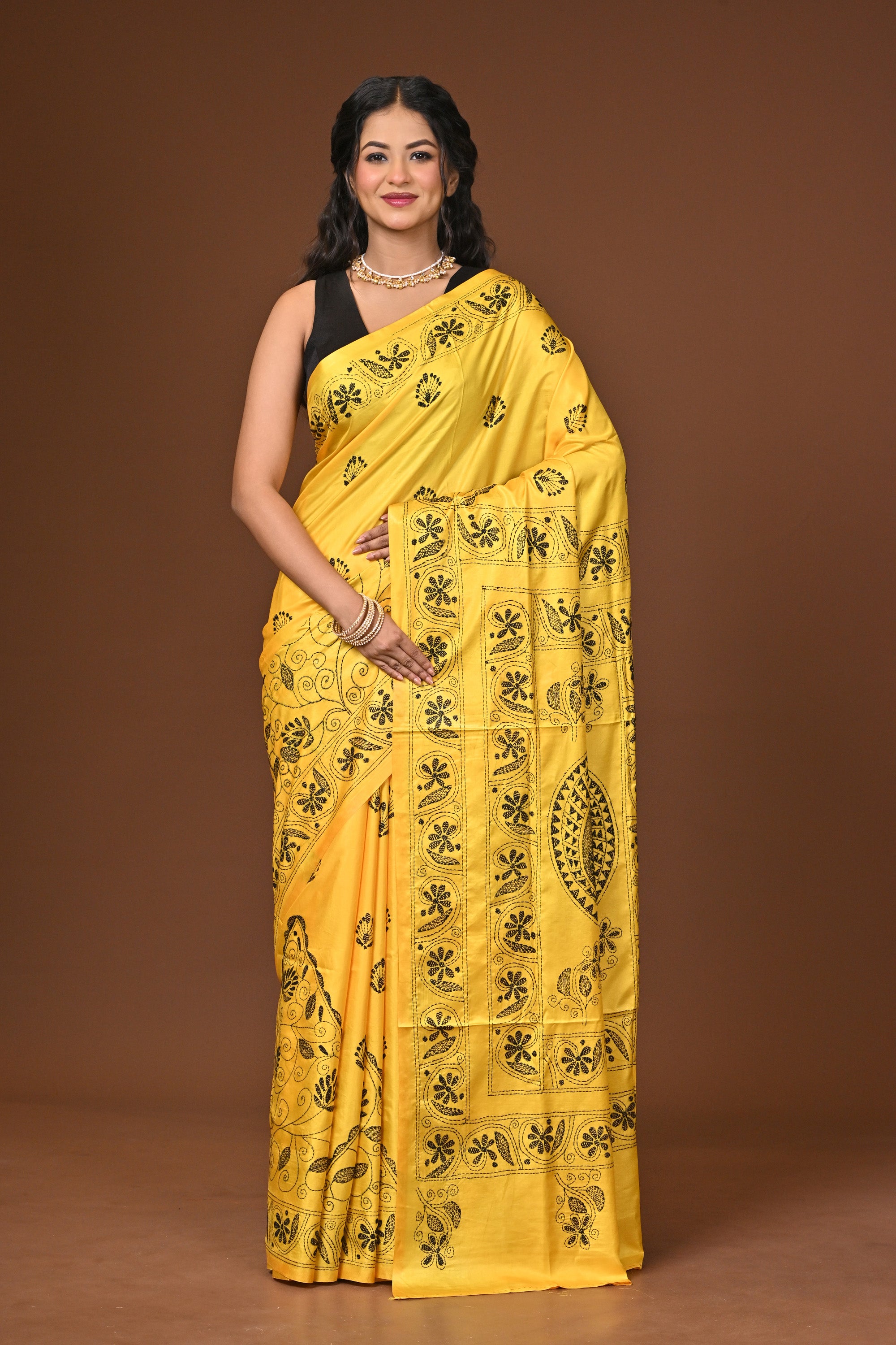 Blended Silk Kantha Stitch Saree Yellow