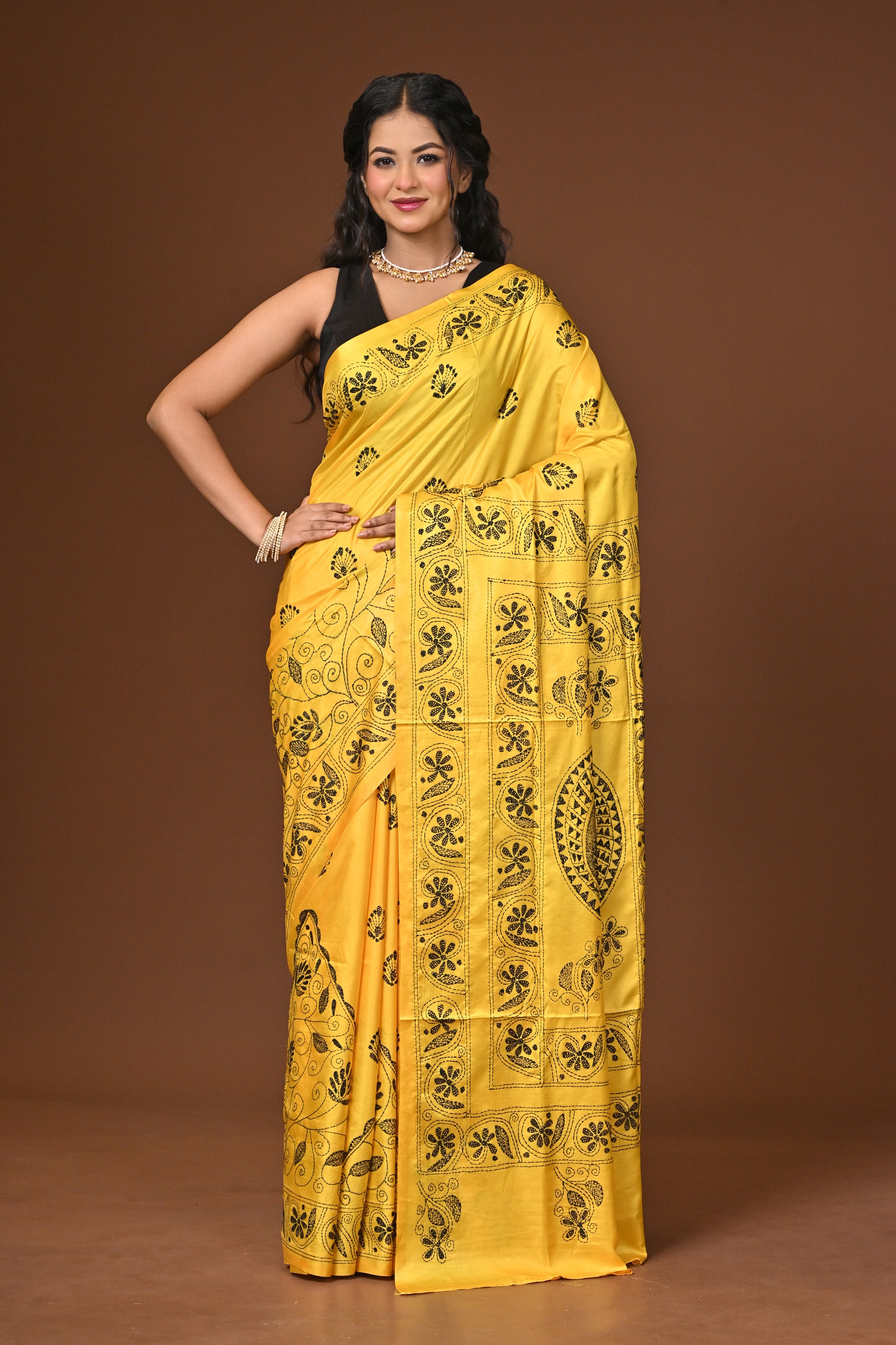 Blended Silk Kantha Stitch Saree Yellow Thumbnail