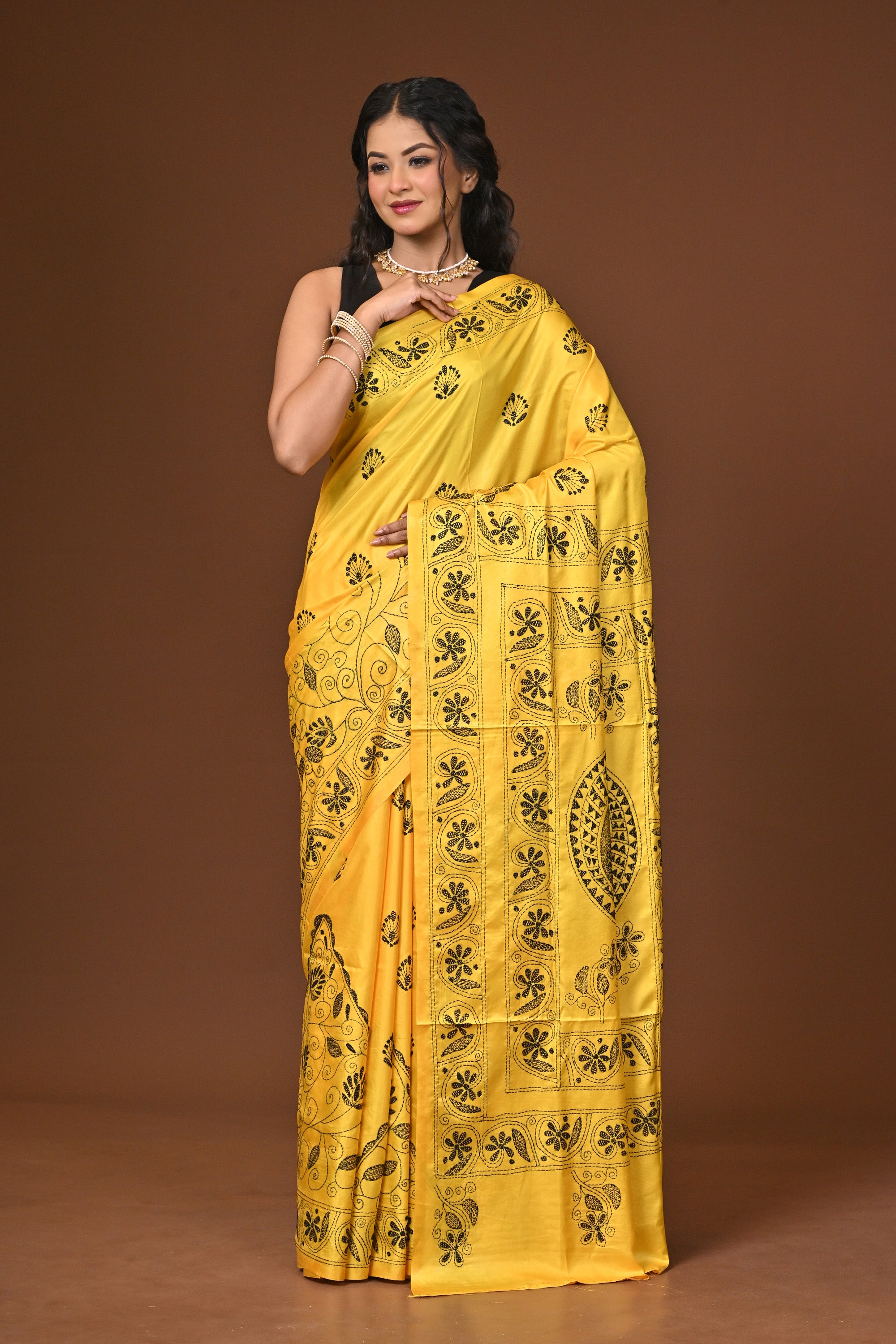 Blended Silk Kantha Stitch Saree Yellow Thumbnail