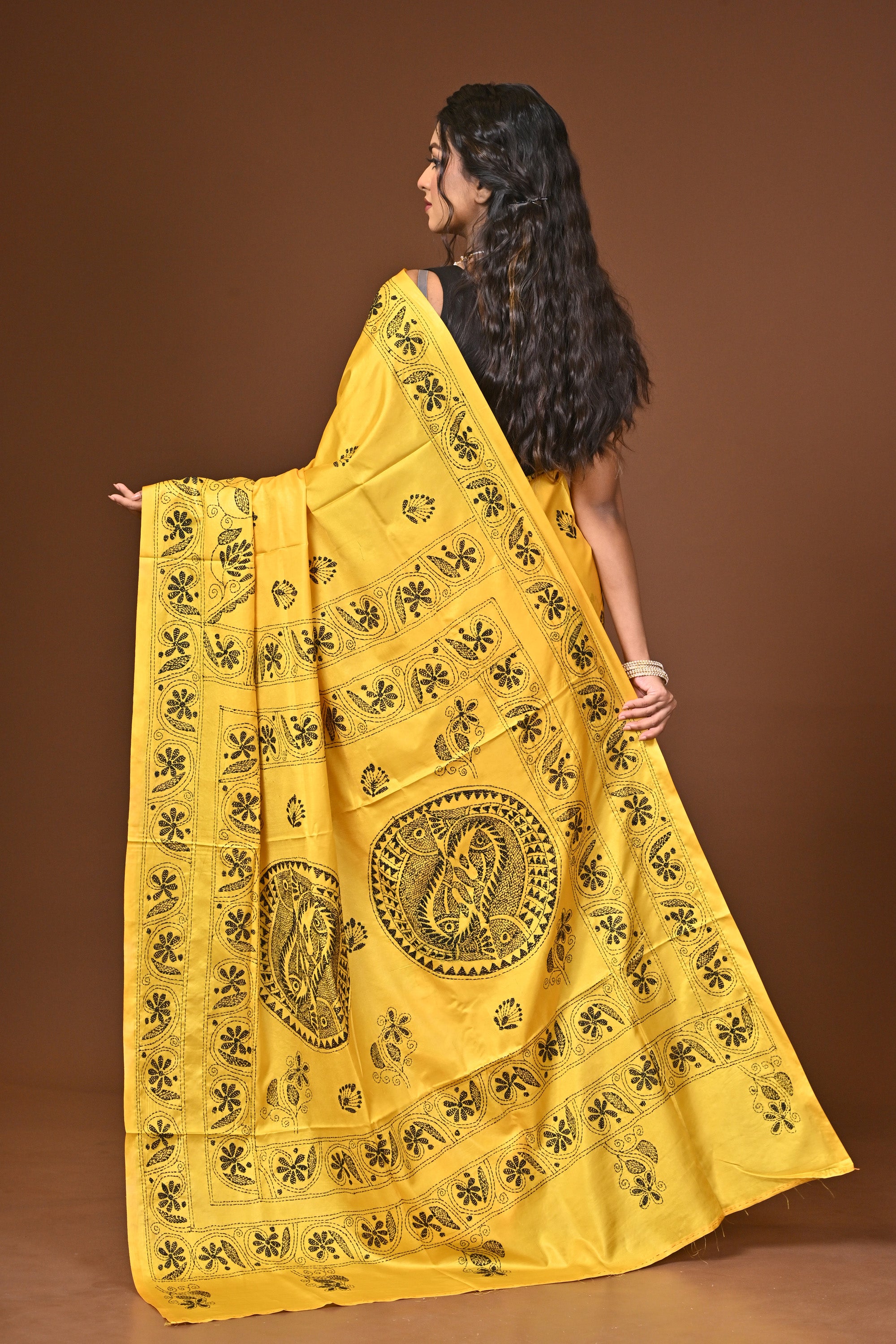 Blended Silk Kantha Stitch Saree Yellow Thumbnail