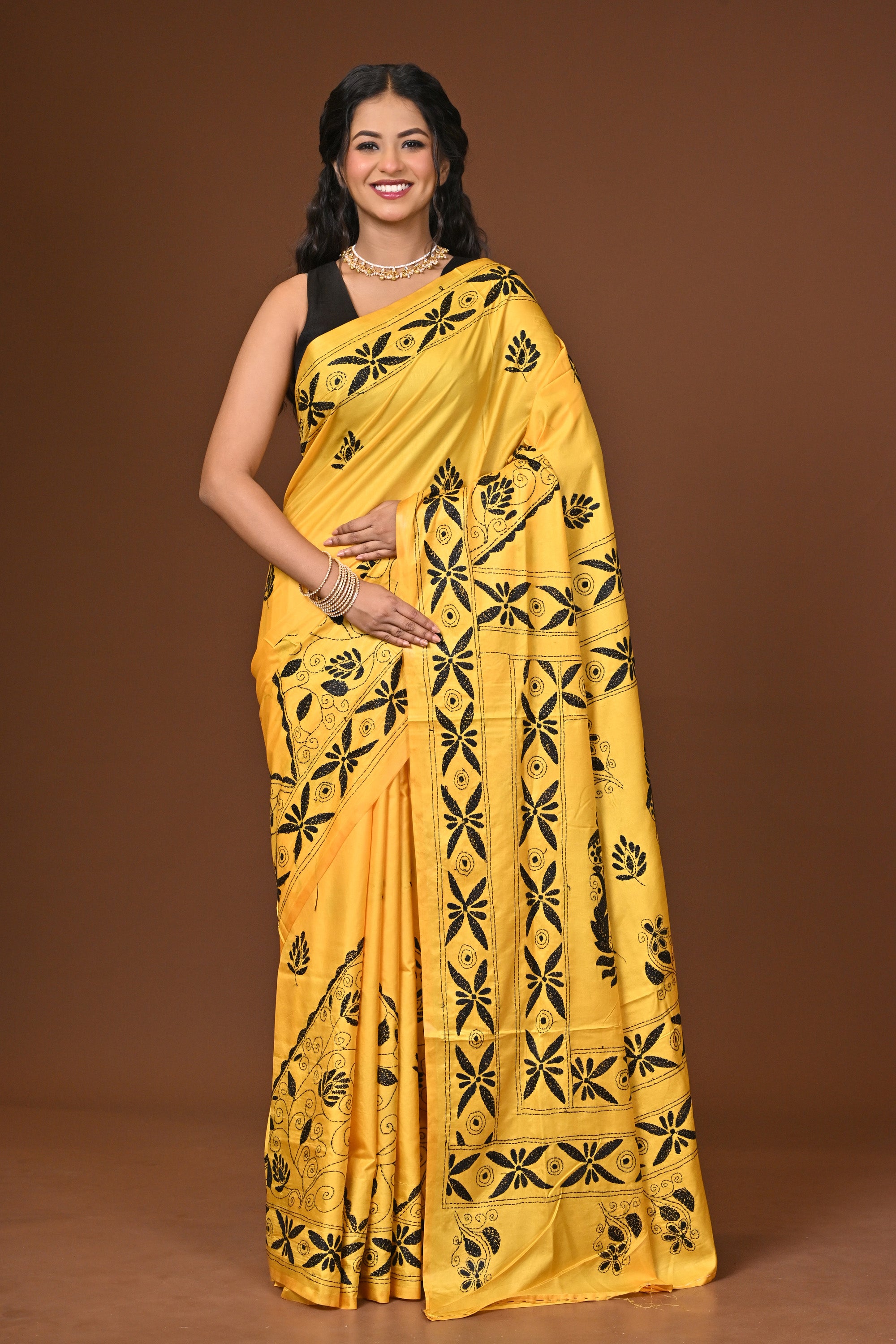 Blended Silk Kantha Stitch Saree Yellow