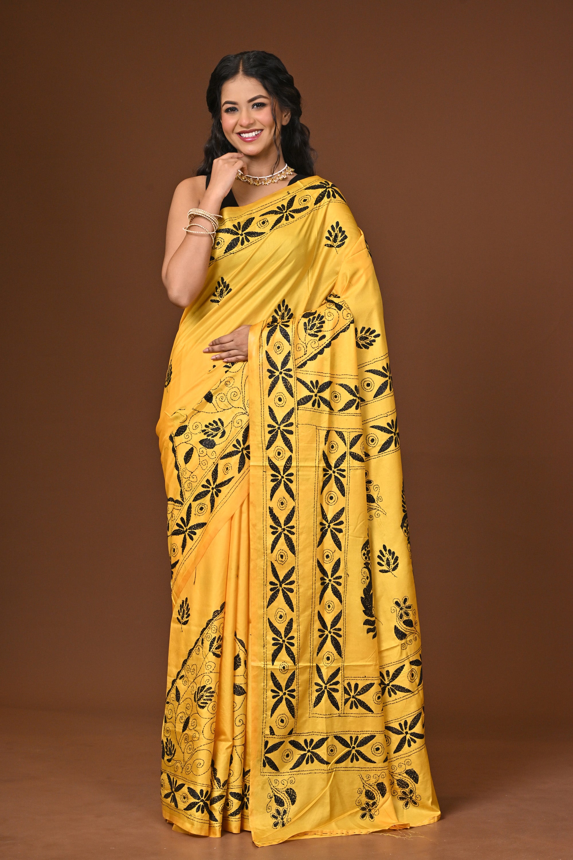 Blended Silk Kantha Stitch Saree Yellow Thumbnail