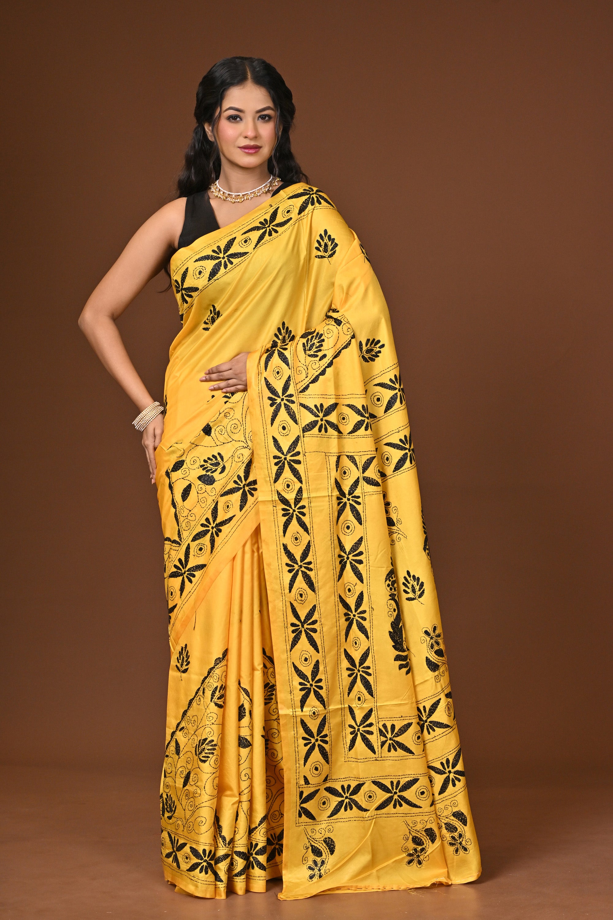 Blended Silk Kantha Stitch Saree Yellow Thumbnail