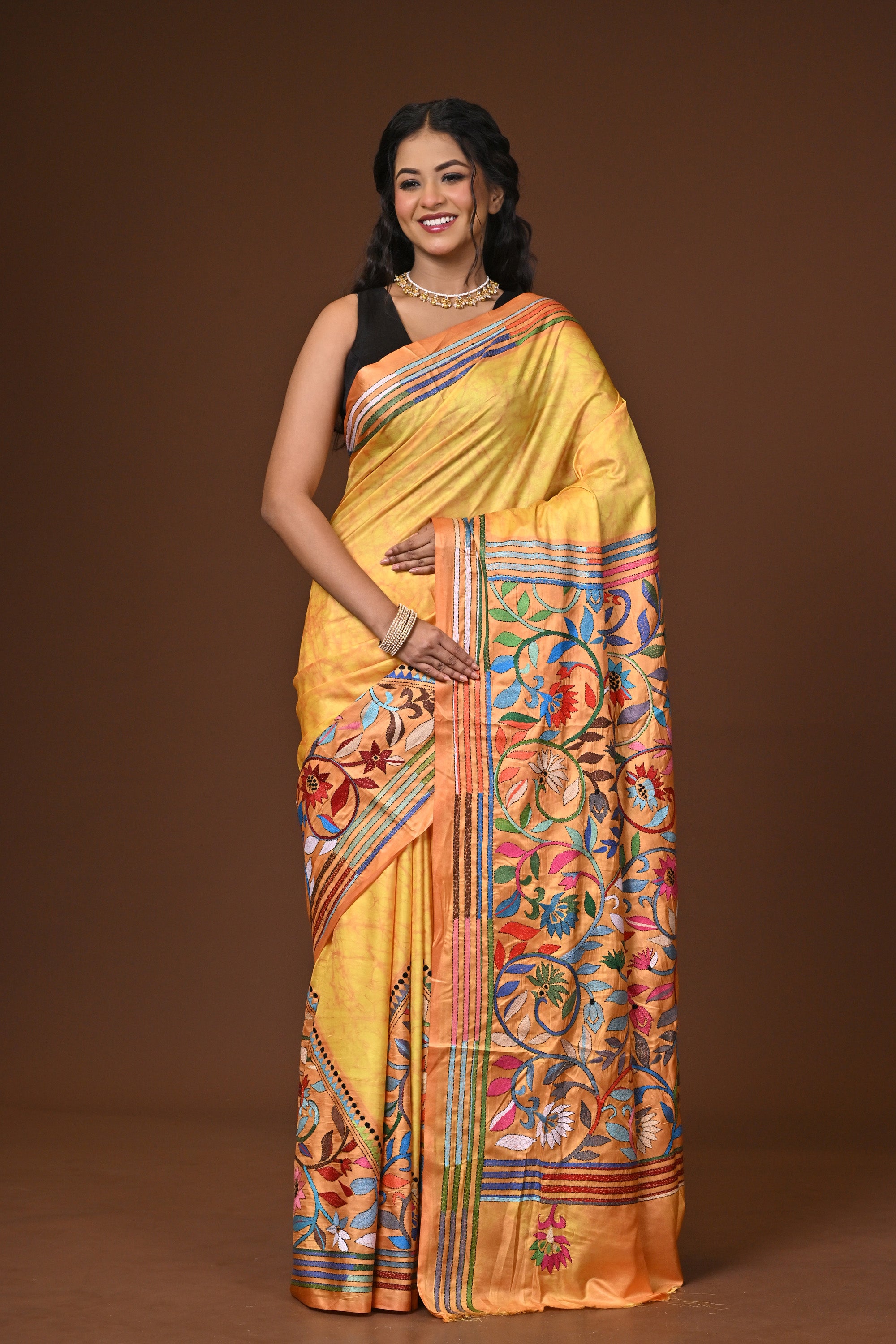 Blended Silk Kantha Stitch Saree Yellow Thumbnail