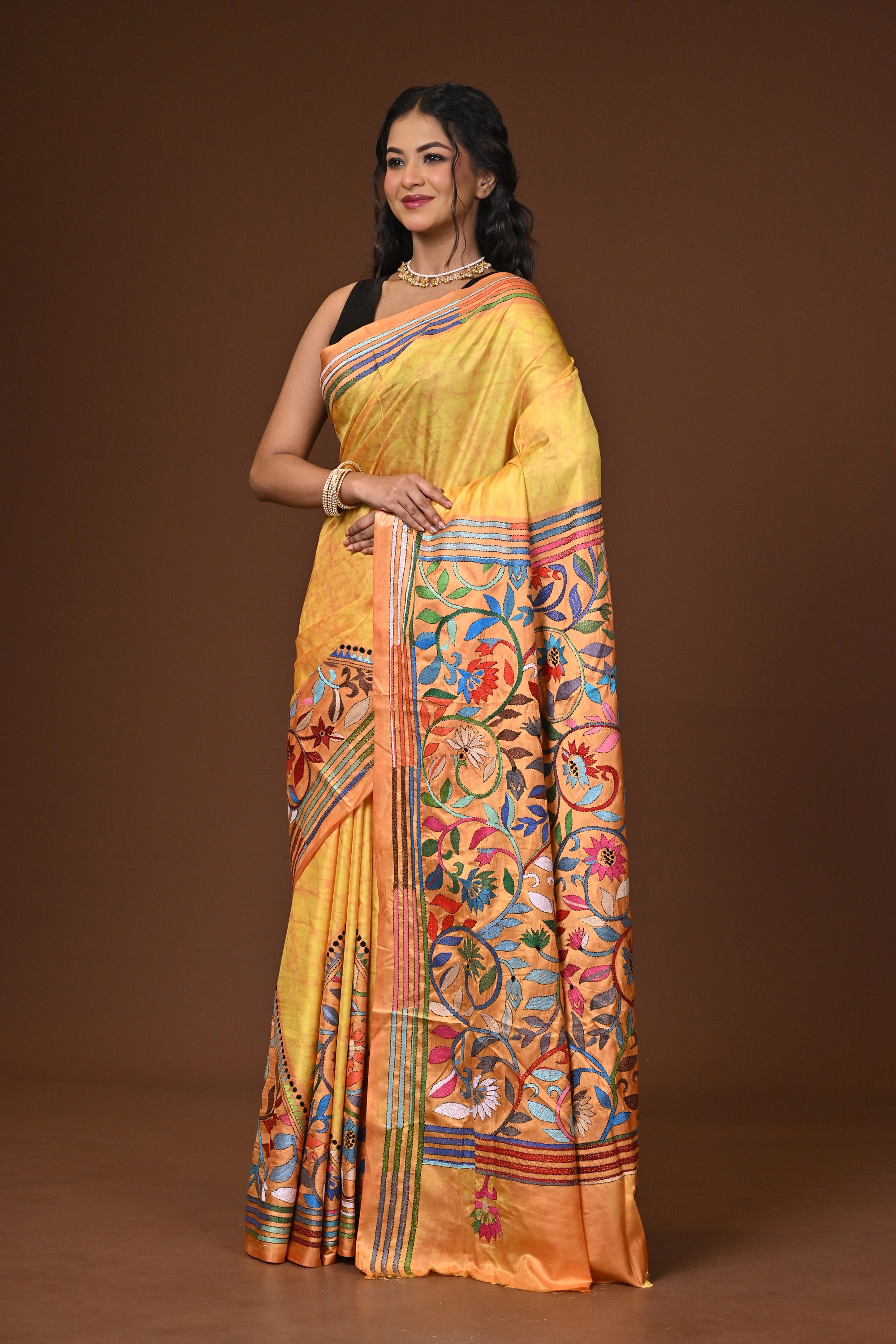 Blended Silk Kantha Stitch Saree Yellow Thumbnail