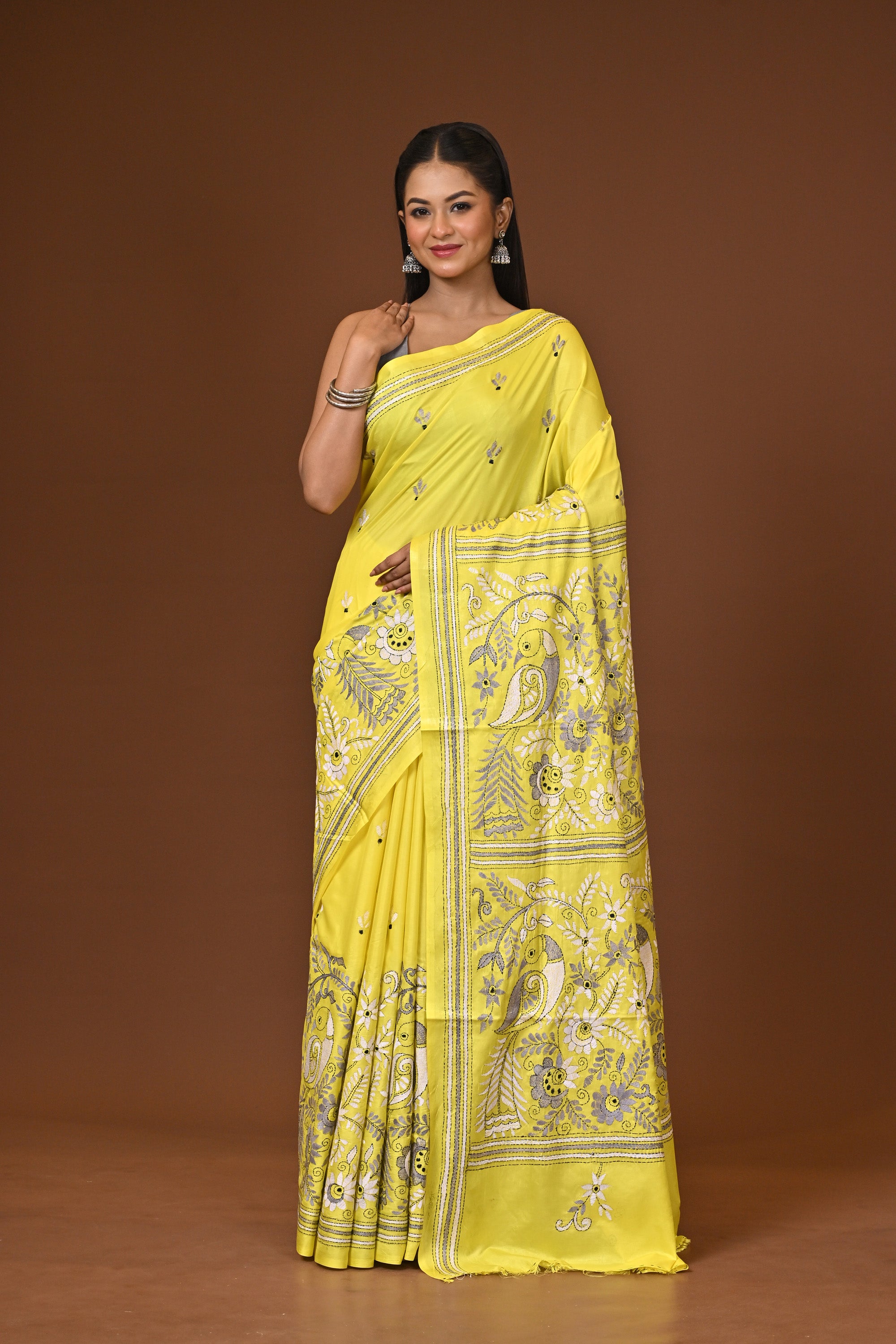 Blended Silk Kantha Stitch Saree Yellow Thumbnail