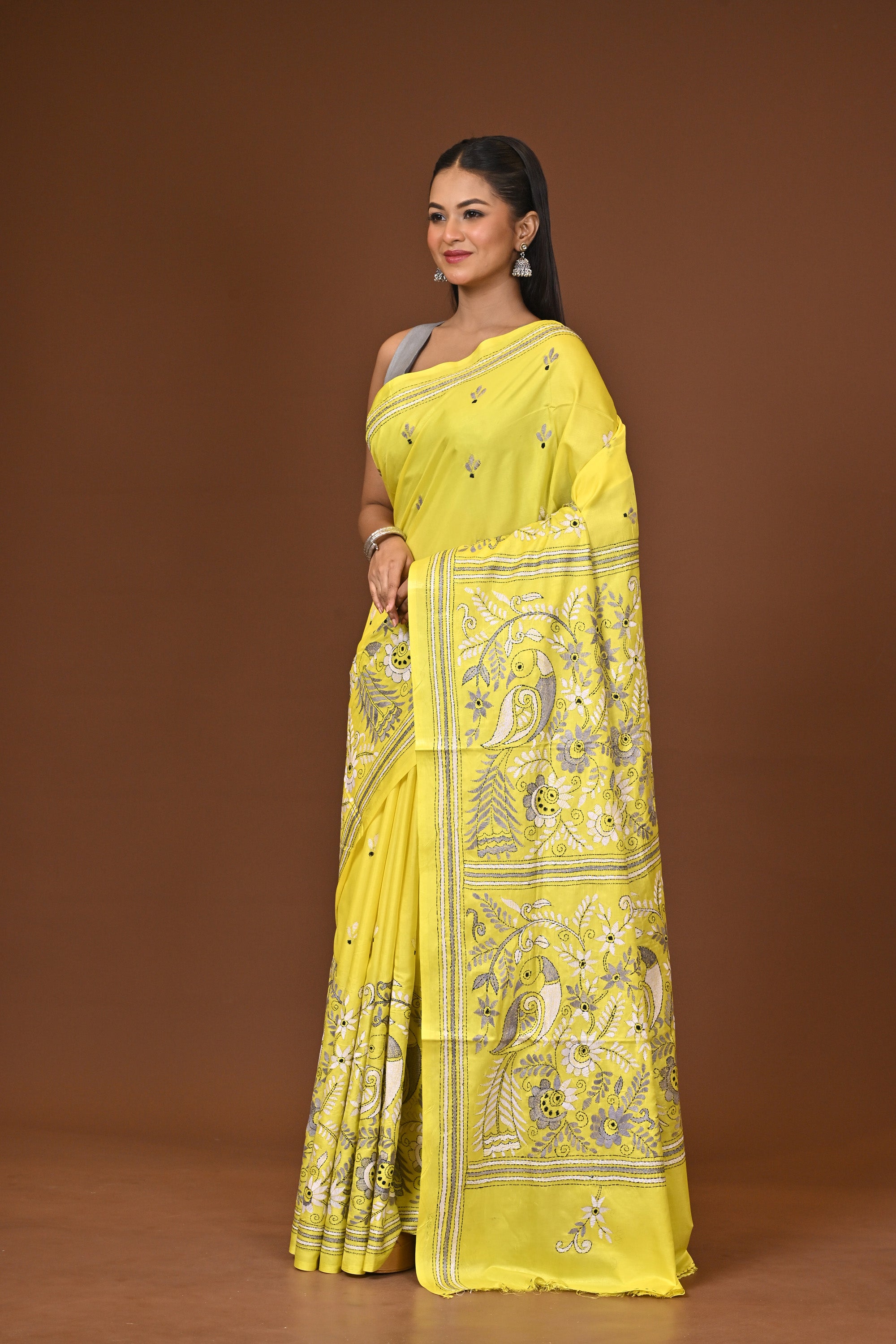 Blended Silk Kantha Stitch Saree Yellow Thumbnail
